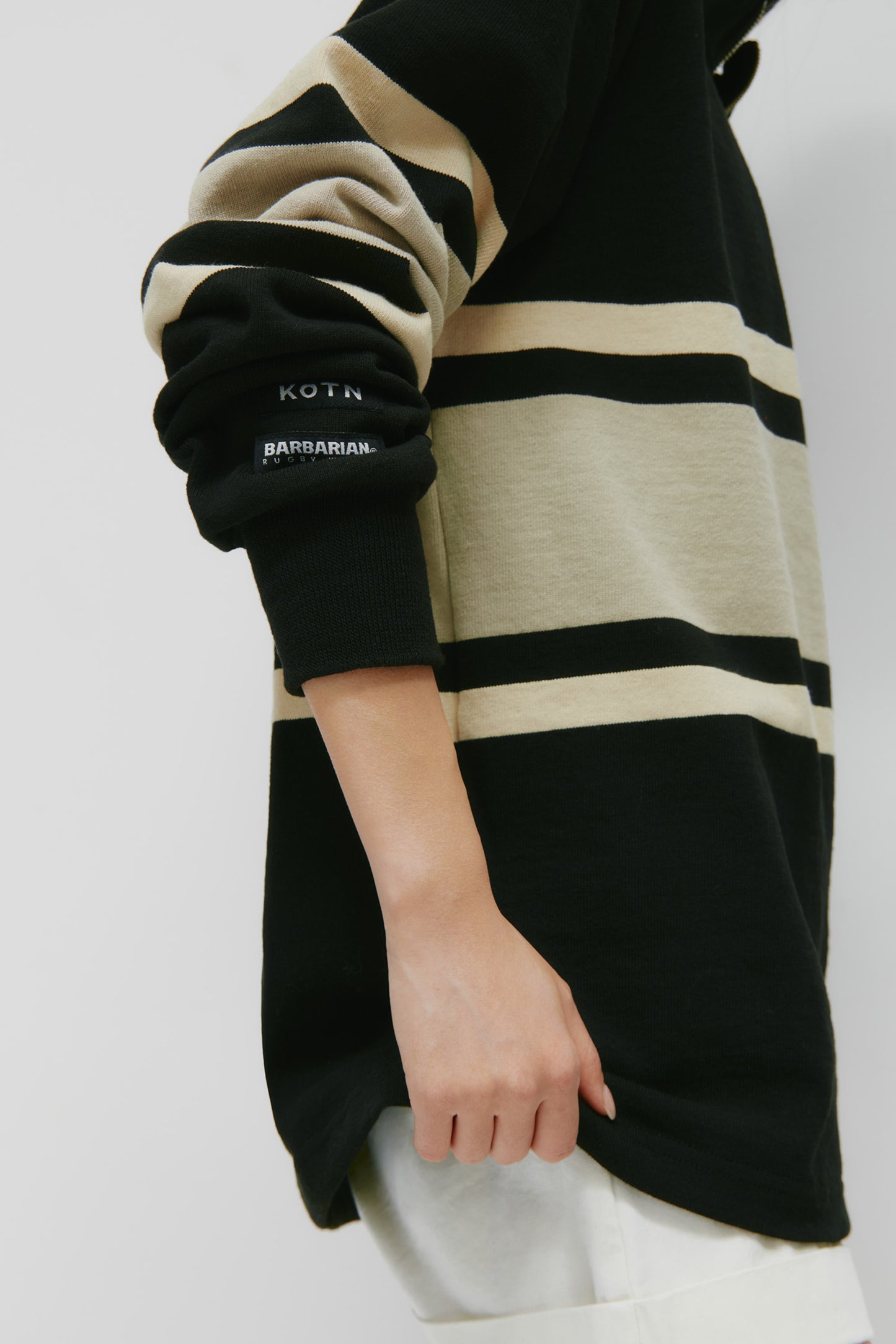 Men's Barbarian Zip Rugby in Black/Taupe Stripe