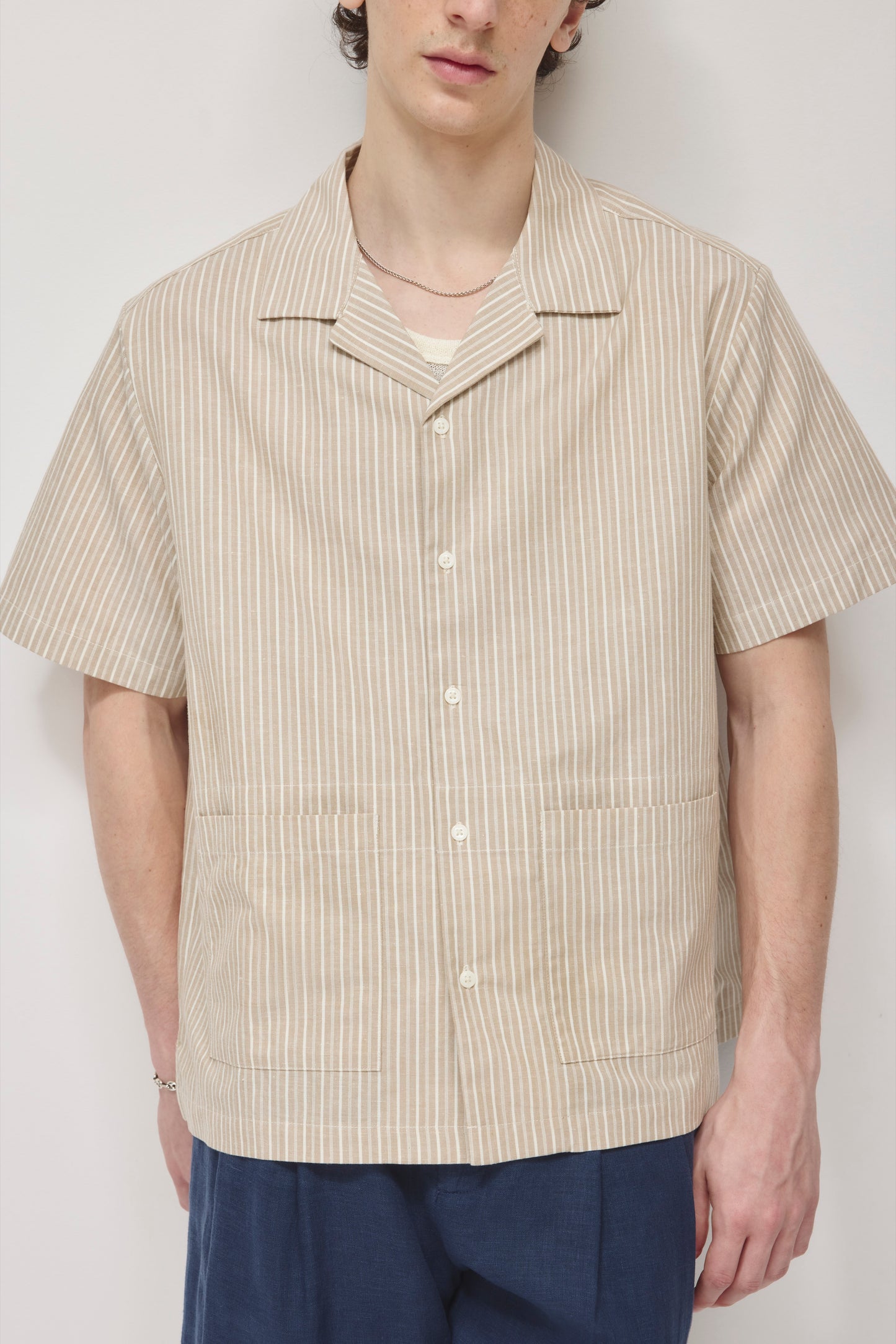 Men's Linen Camp Shirt in Beige Stripe