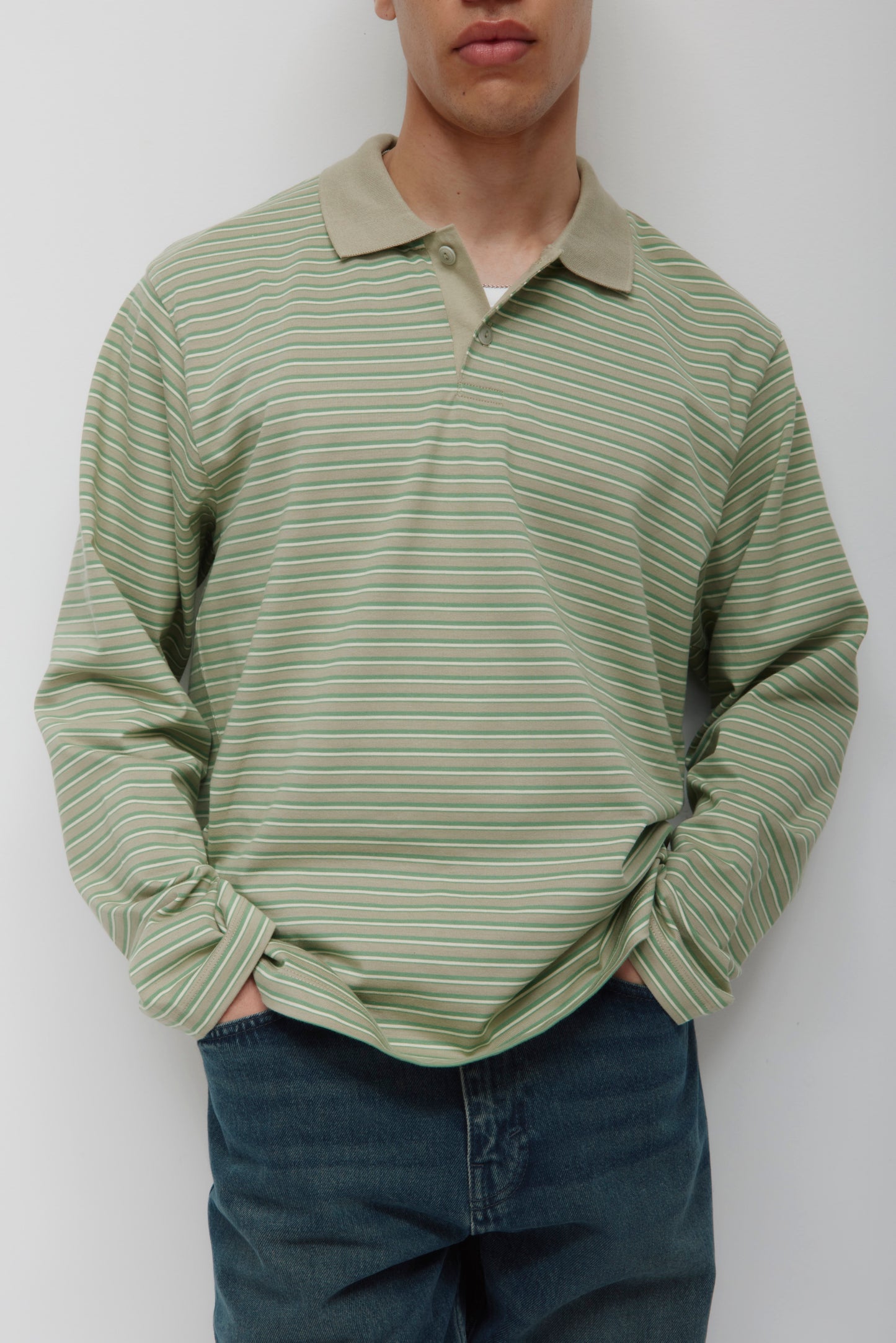 Men's Midweight Longsleeve Polo in Dune Grass/Retro Green/Natural Stripe