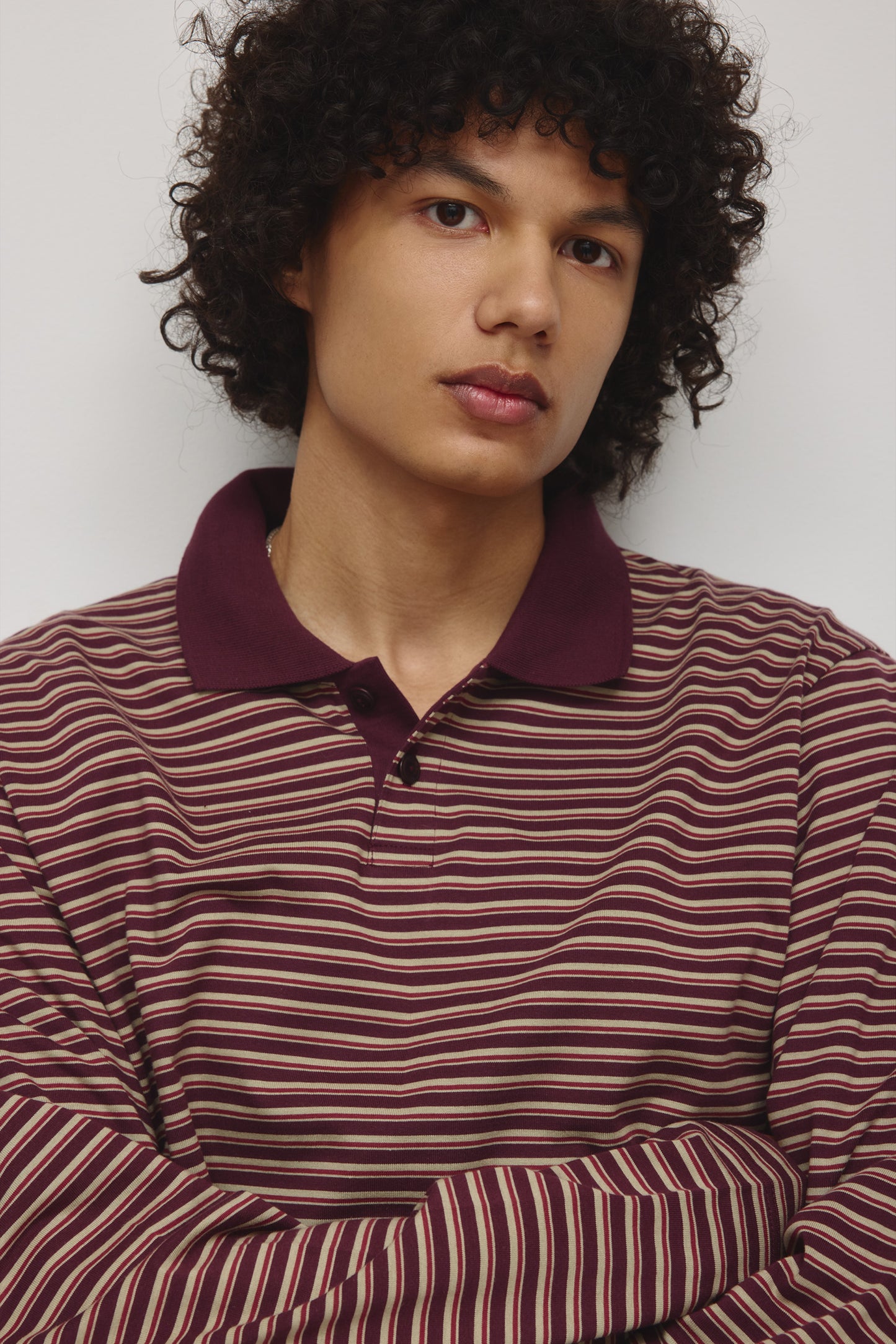 Men's Midweight Longsleeve Polo in Plum/Dune Grass/Yakimo Stripe