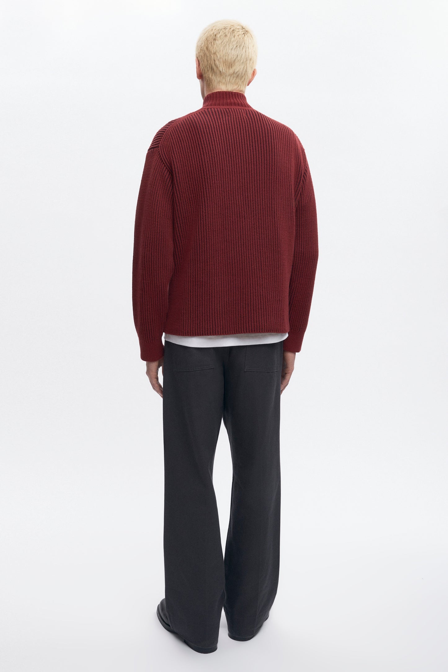 Men's Half Zip Rib Sweater in Coffee Bean/Burgundy