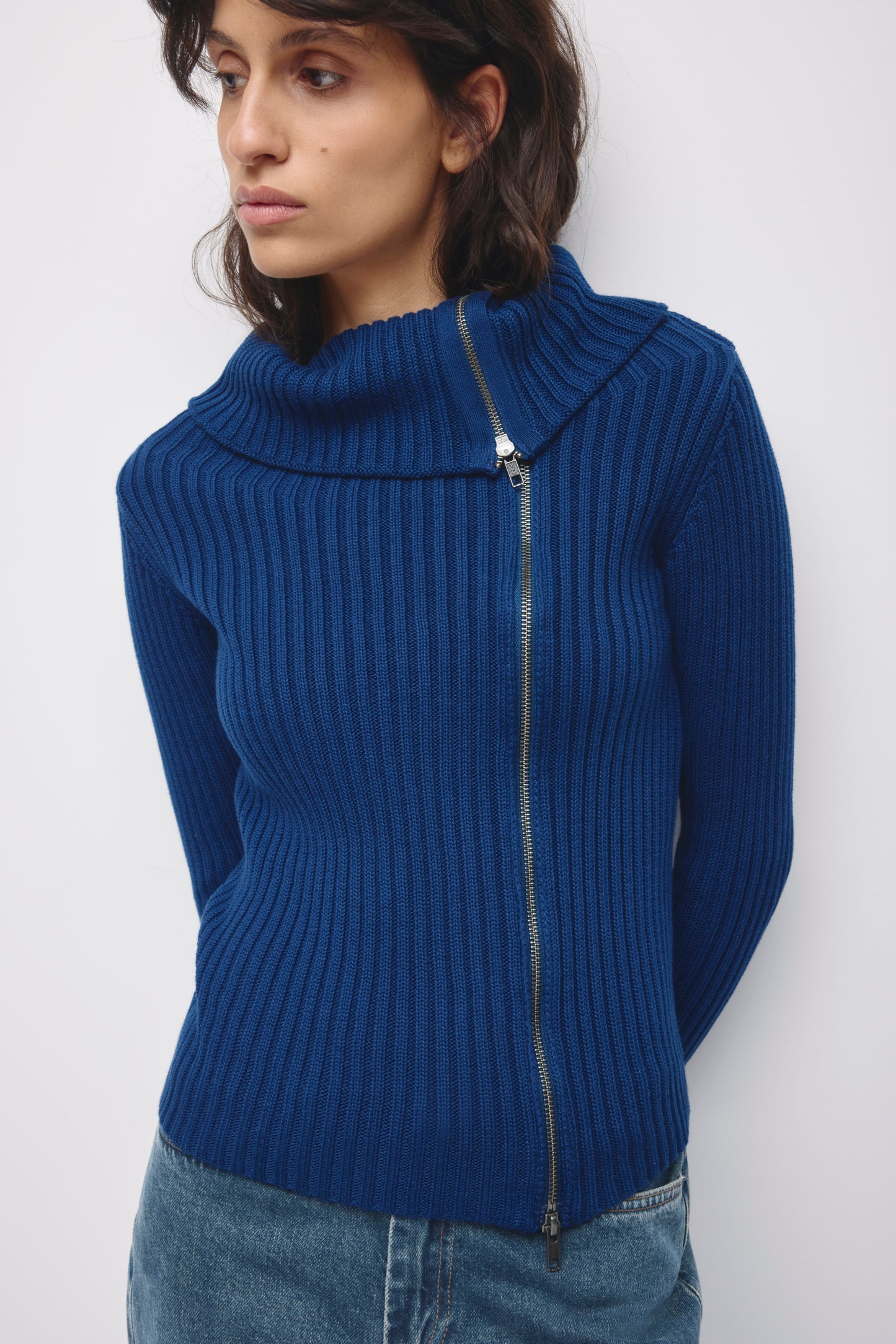 Women's Asymmetric Foldover Sweater in Pacific Blue