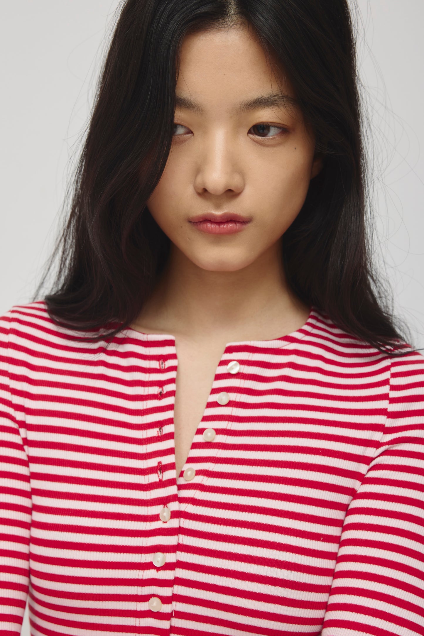 Women's Crew Neck Cardigan in Pink Forest/Salsa Stripe
