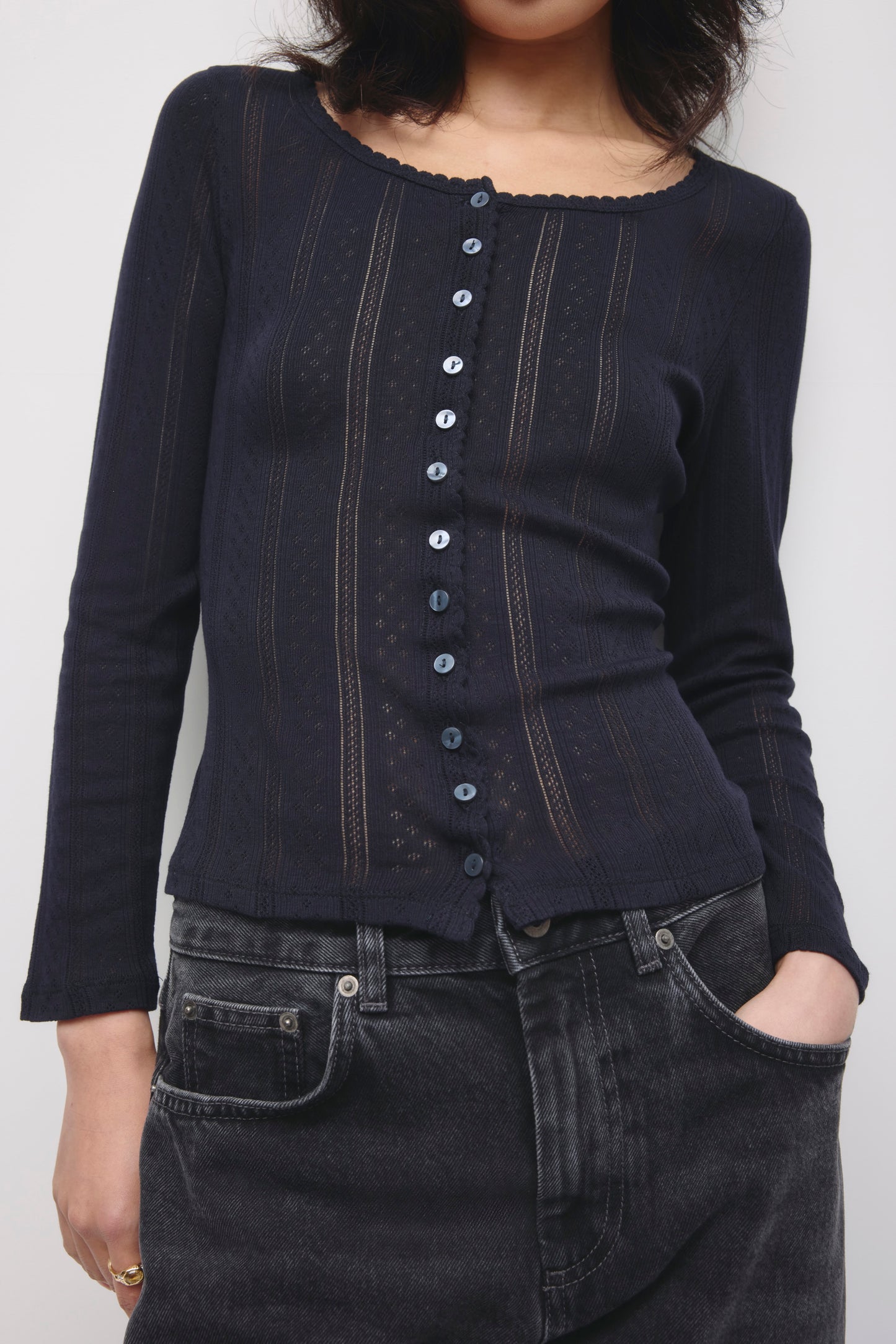 Women's Dalia Pointelle Cardigan in Deep Ocean