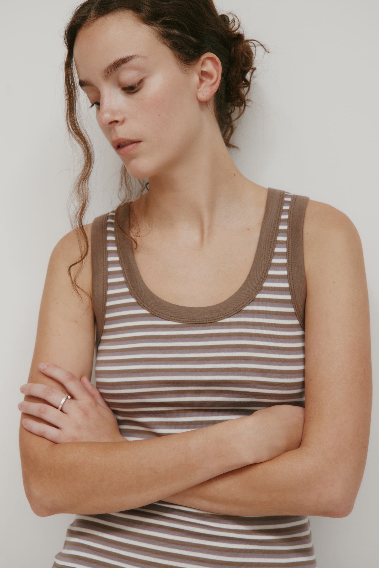 Women's Micro Rib Scoop Tank in Espresso/Taupe/Azure Stripe