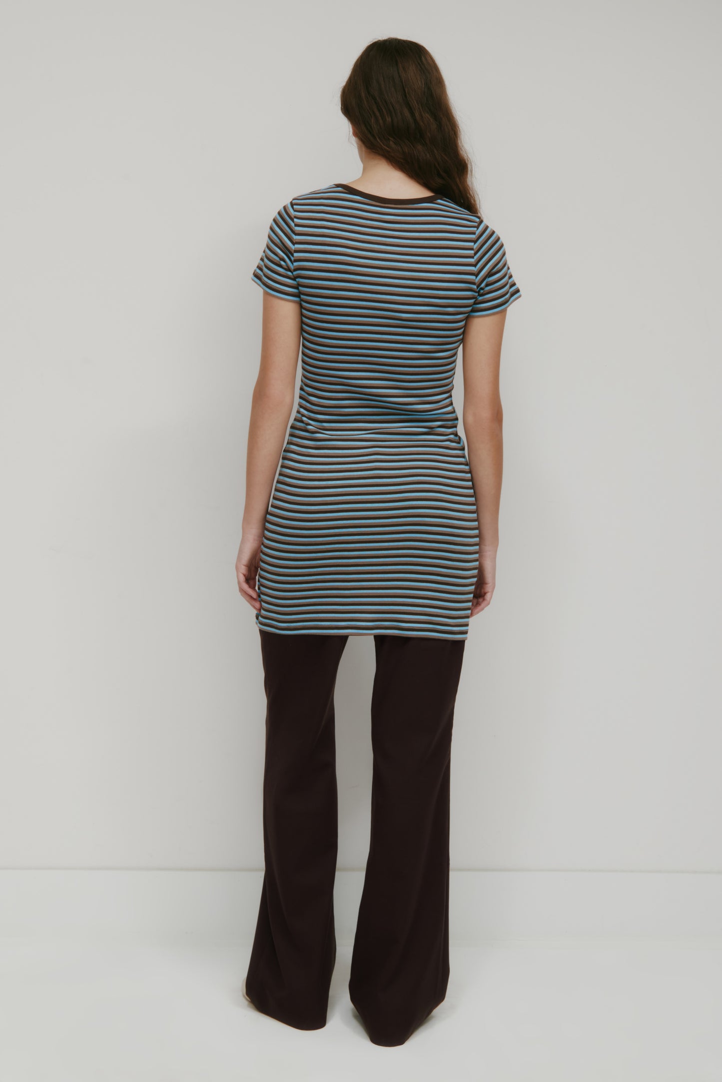 Women's Shortsleeve Mini Dress in Espresso/Taupe/Azure Stripe