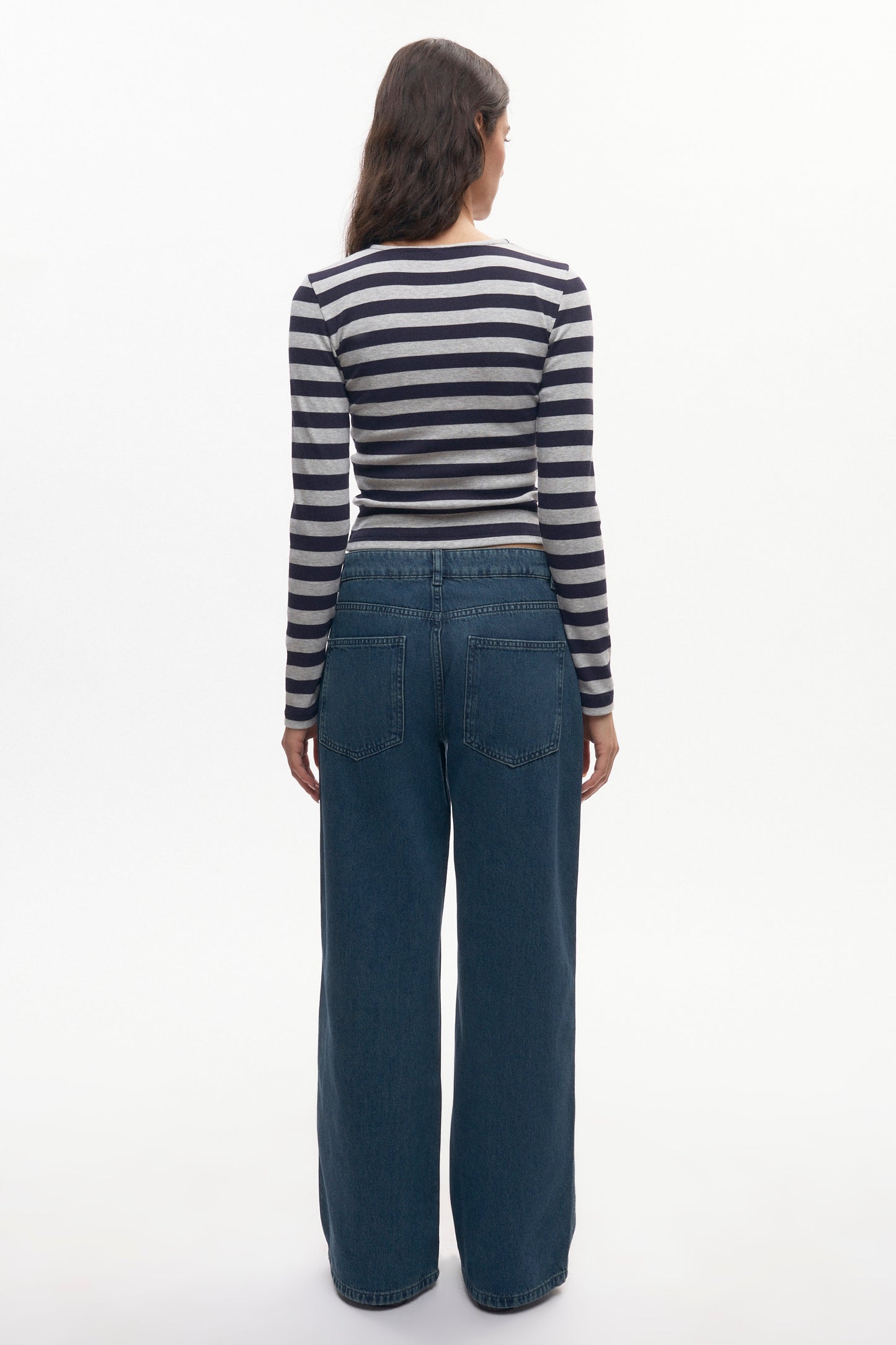 Women's Crew Neck Cardigan in Midnight/Heather Grey Stripe