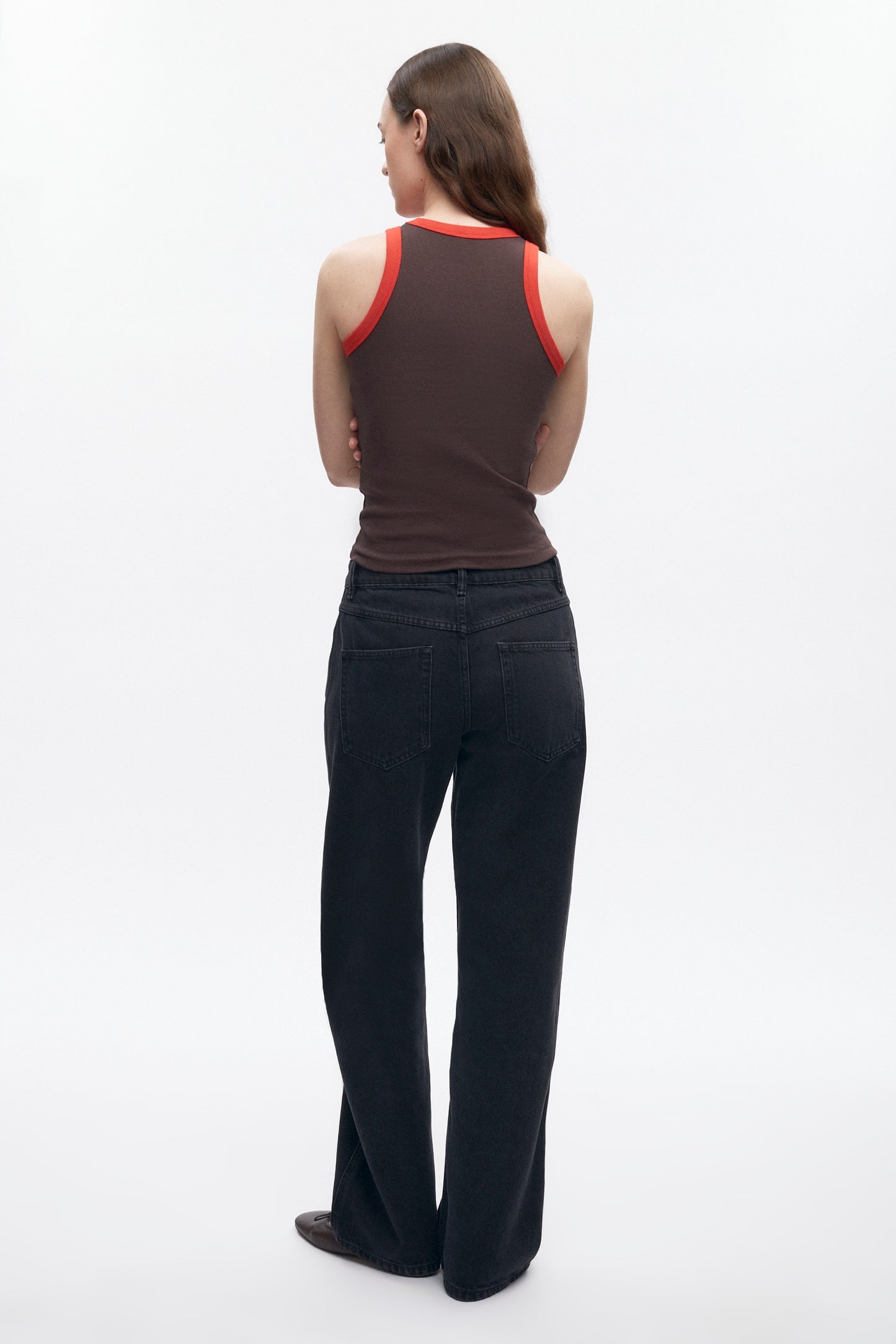 Women's Racer Tank in Coffee Bean/Fiery Red
