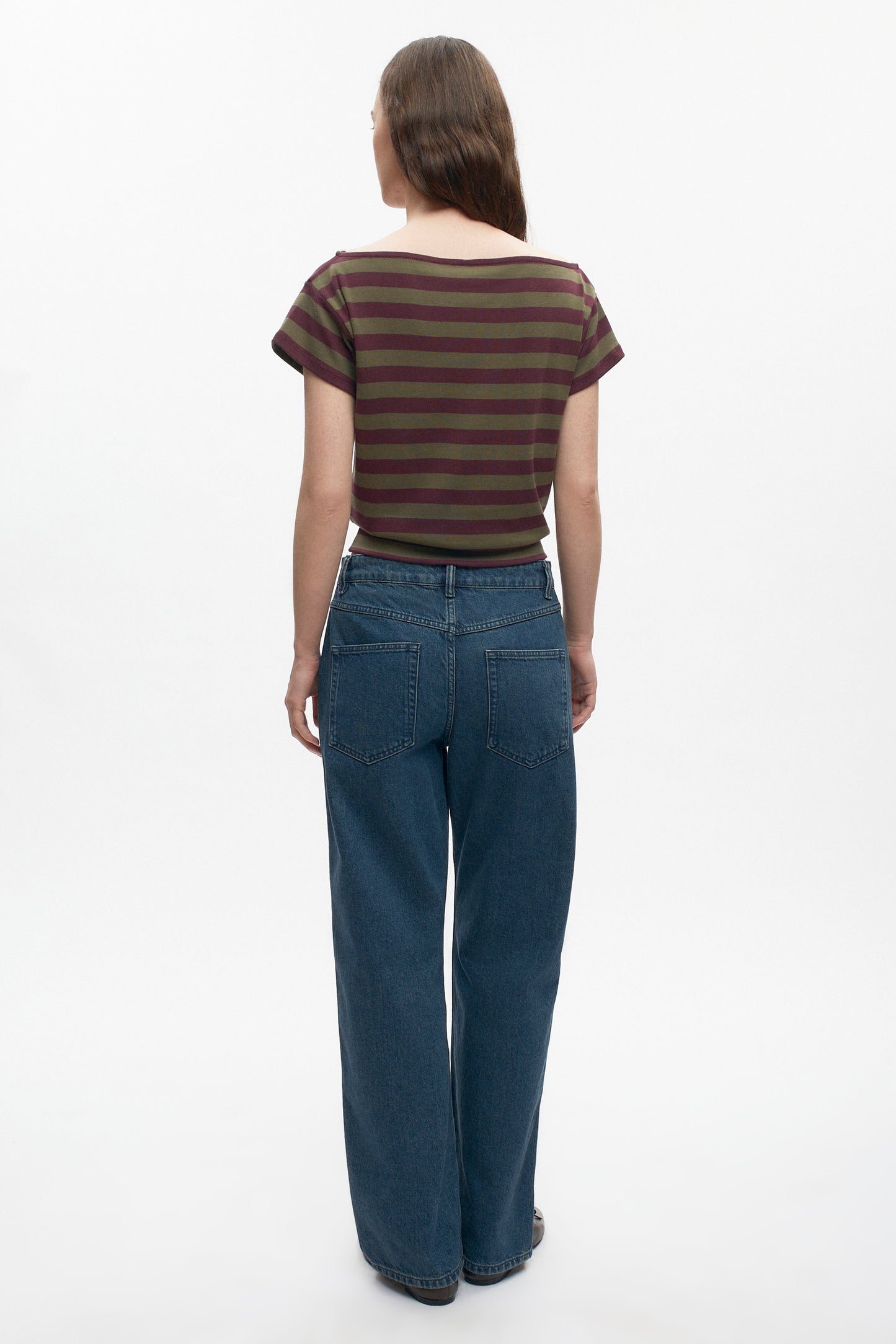 Women's Striped Boatneck Banded Tee in Plum/Olive Stripe