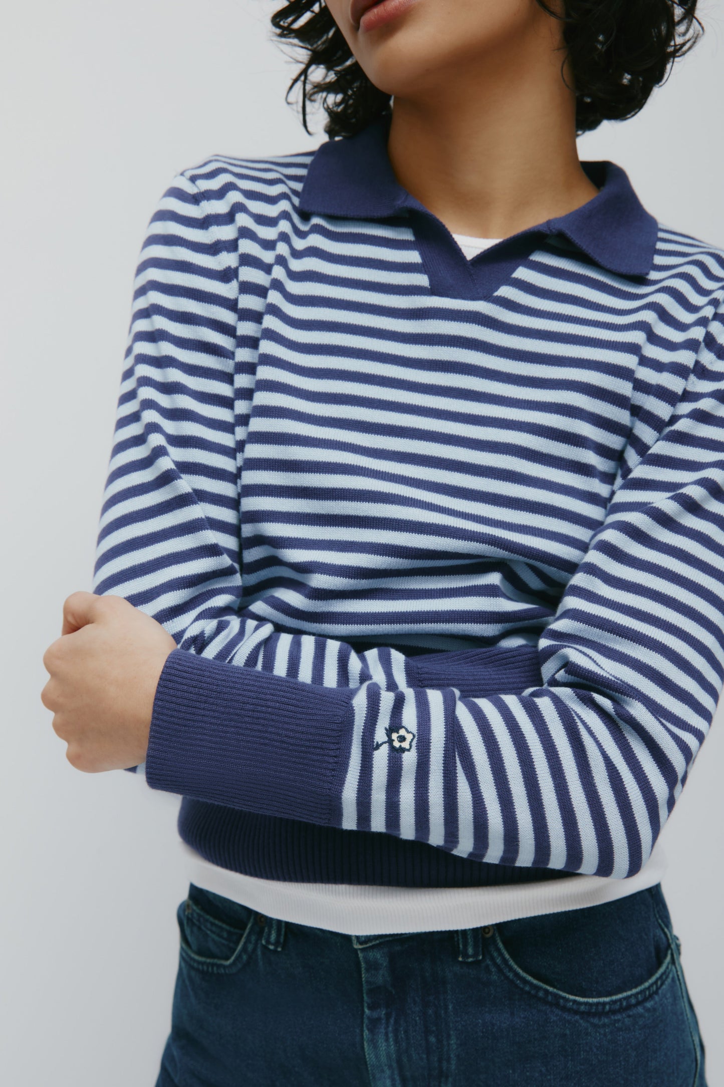 Women's Varsity Polo Sweater in Blue Aura/Dark Indigo Stripe