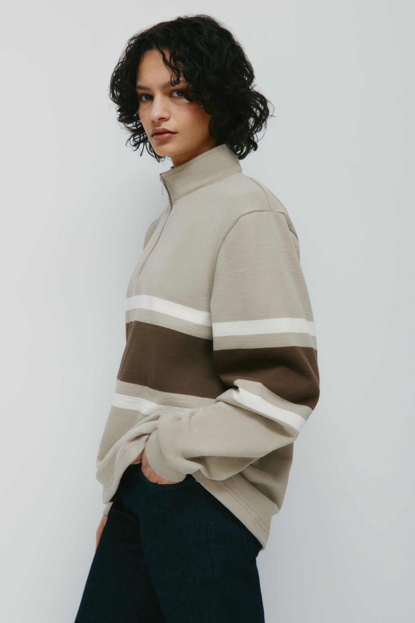 Barbarian Zip Rugby in Taupe/Moss/Ivory