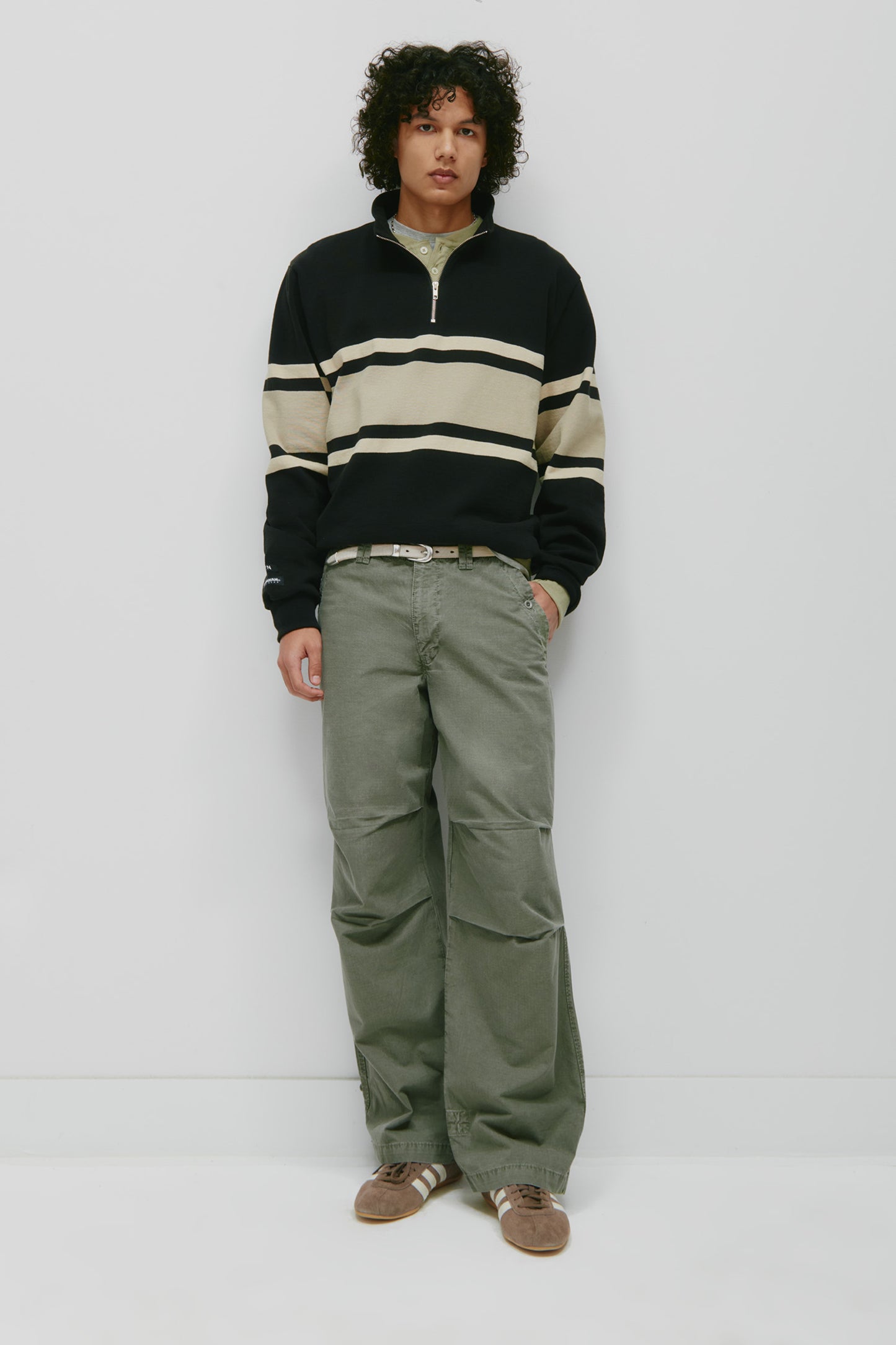 Men's Barbarian Zip Rugby in Black/Taupe Stripe