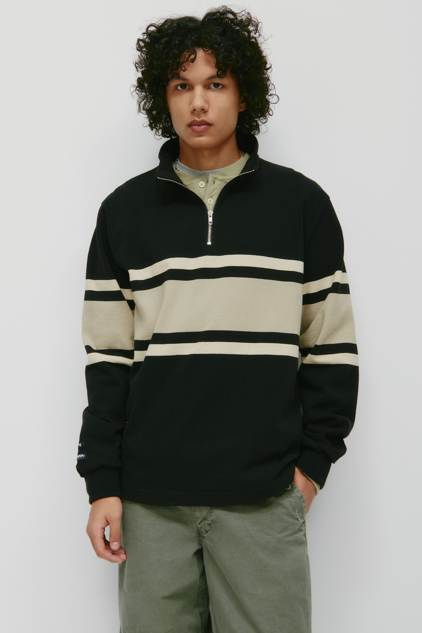 Men's Barbarian Zip Rugby in Black/Taupe Stripe
