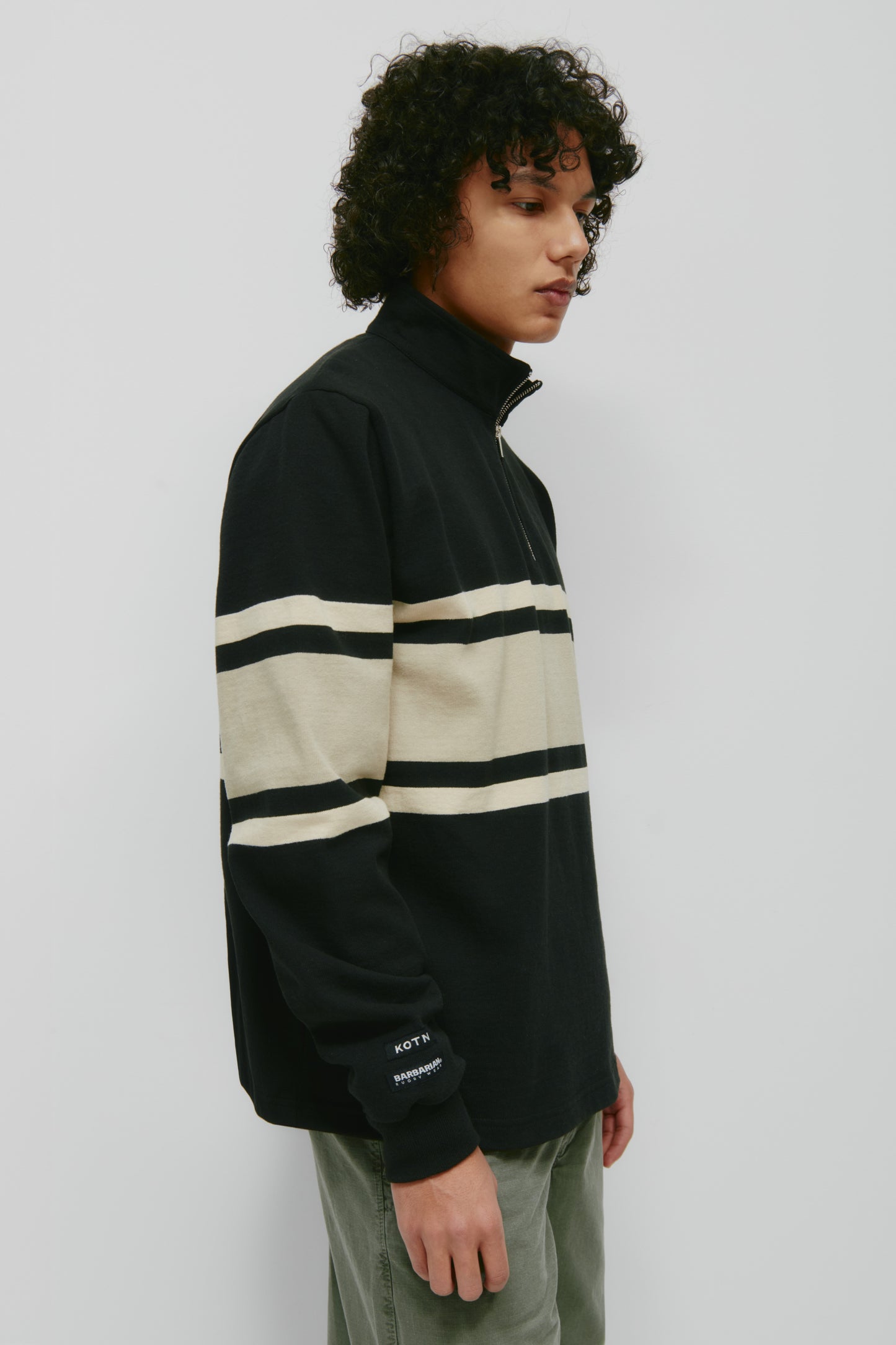 Men's Barbarian Zip Rugby in Black/Taupe Stripe