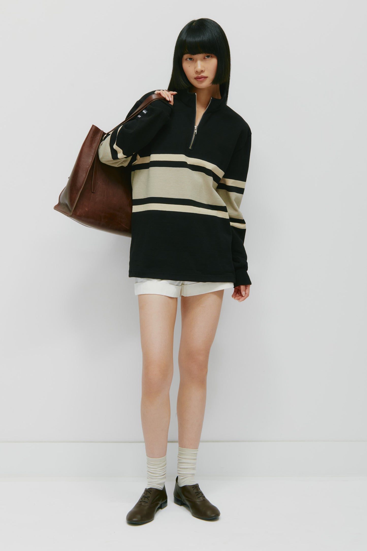 Men's Barbarian Zip Rugby in Black/Taupe Stripe