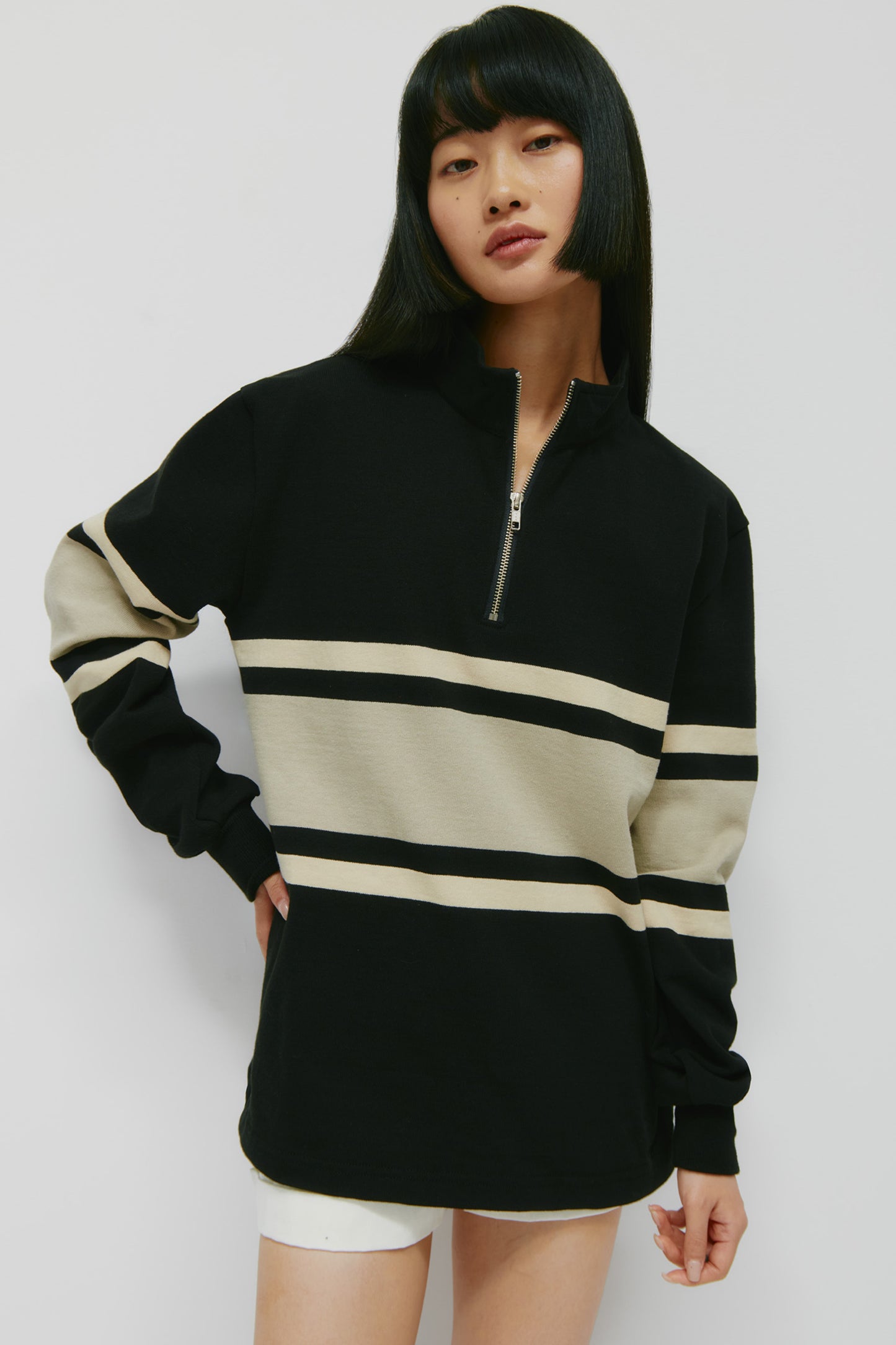 Men's Barbarian Zip Rugby in Black/Taupe Stripe