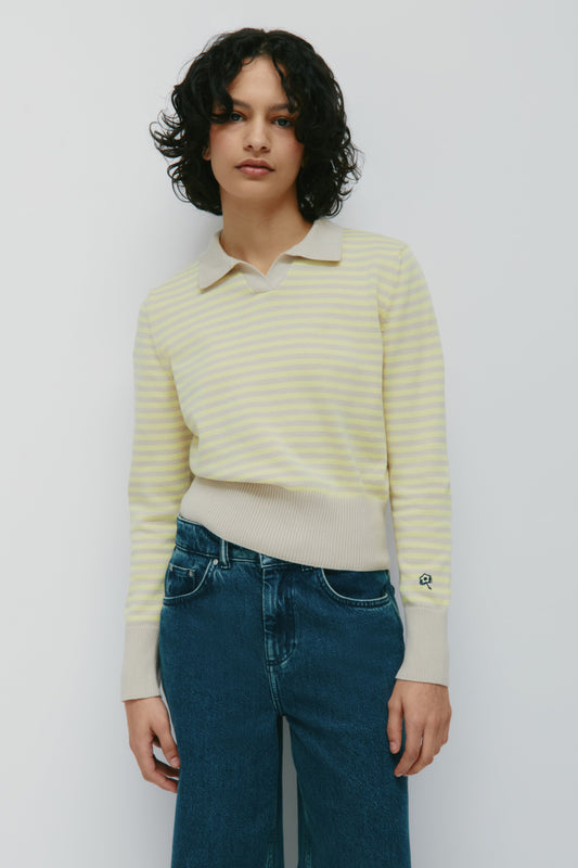 Women's Varsity Polo Sweater in Sand/Sorbet Stripe