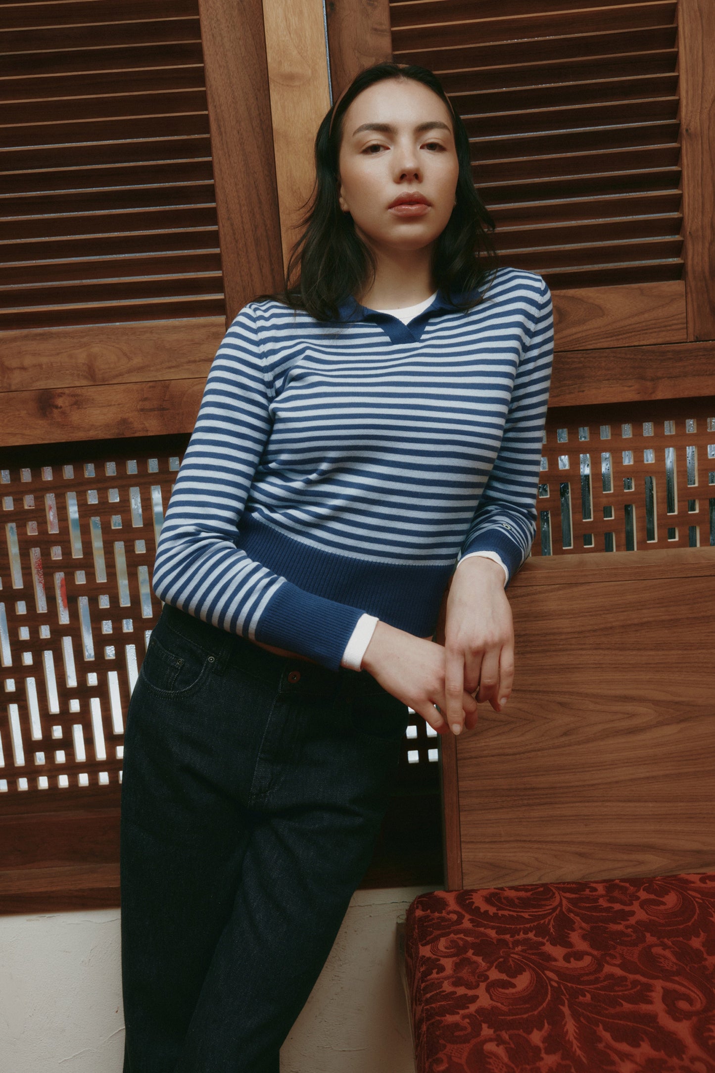Women's Varsity Polo Sweater in Blue Aura/Dark Indigo Stripe
