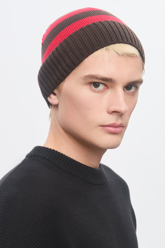 Elba Merino Beanie in Coffee Bean/Fiery Red Stripe