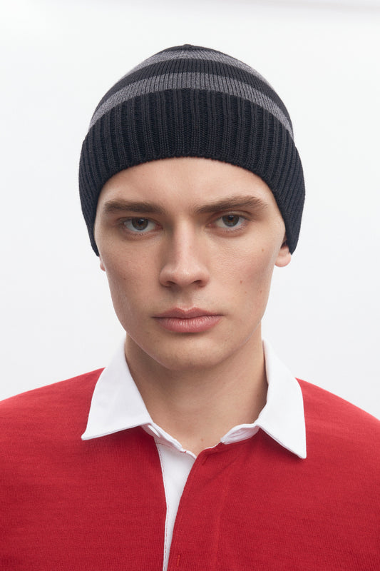 Elba Merino Beanie in Black/Charcoal Melange Stripe