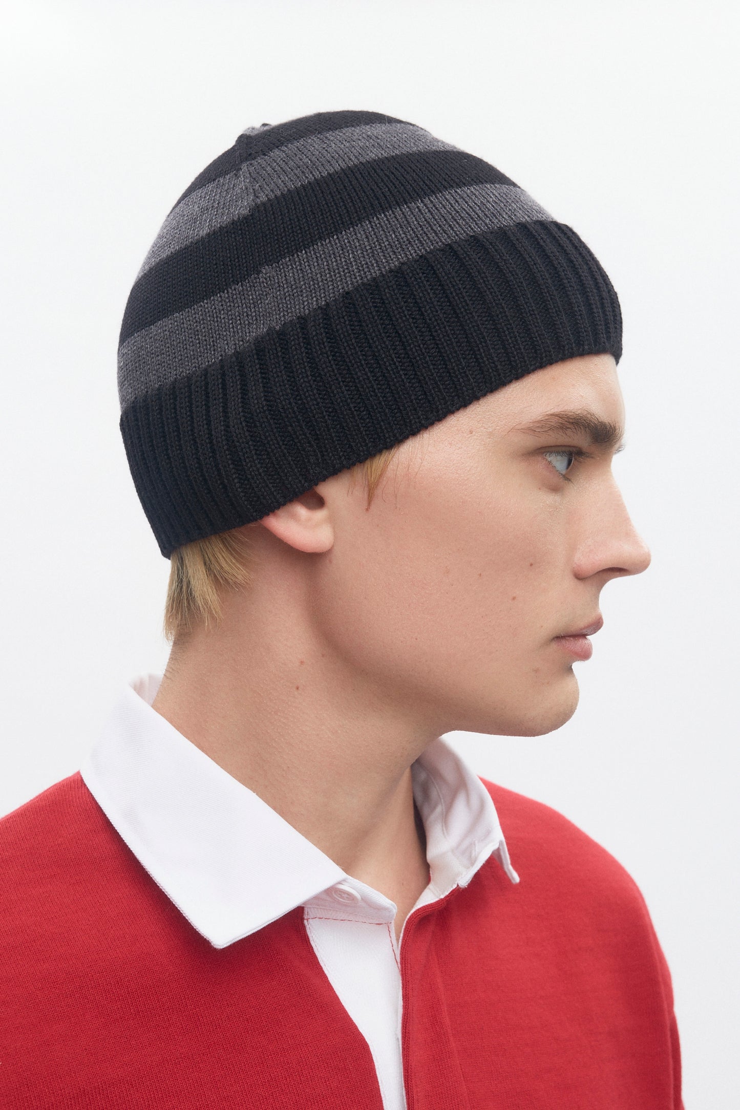 Elba Merino Beanie in Black/Charcoal Melange Stripe