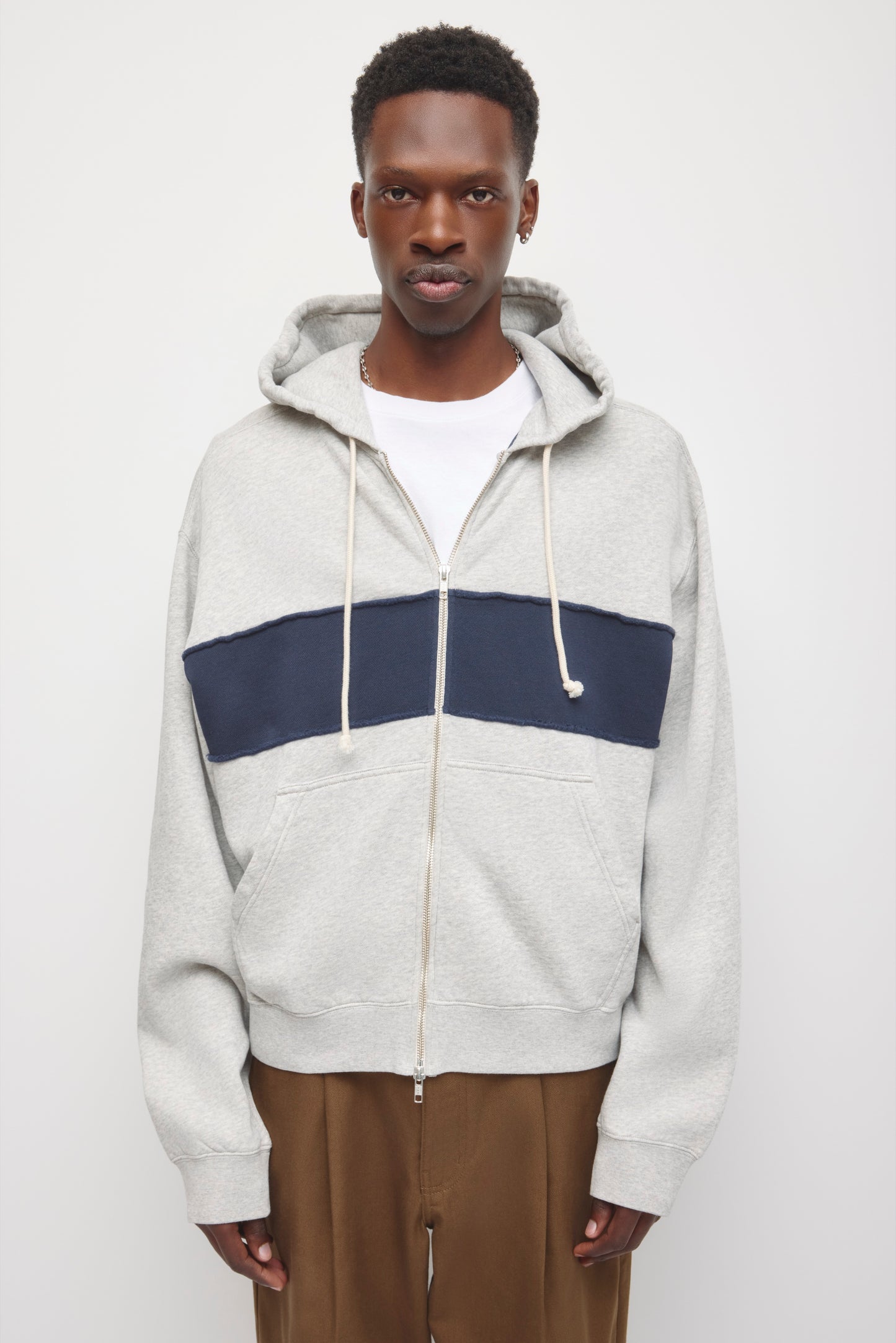 Men's Essential Short Full Zip Hoodie in Heather Grey/Navy