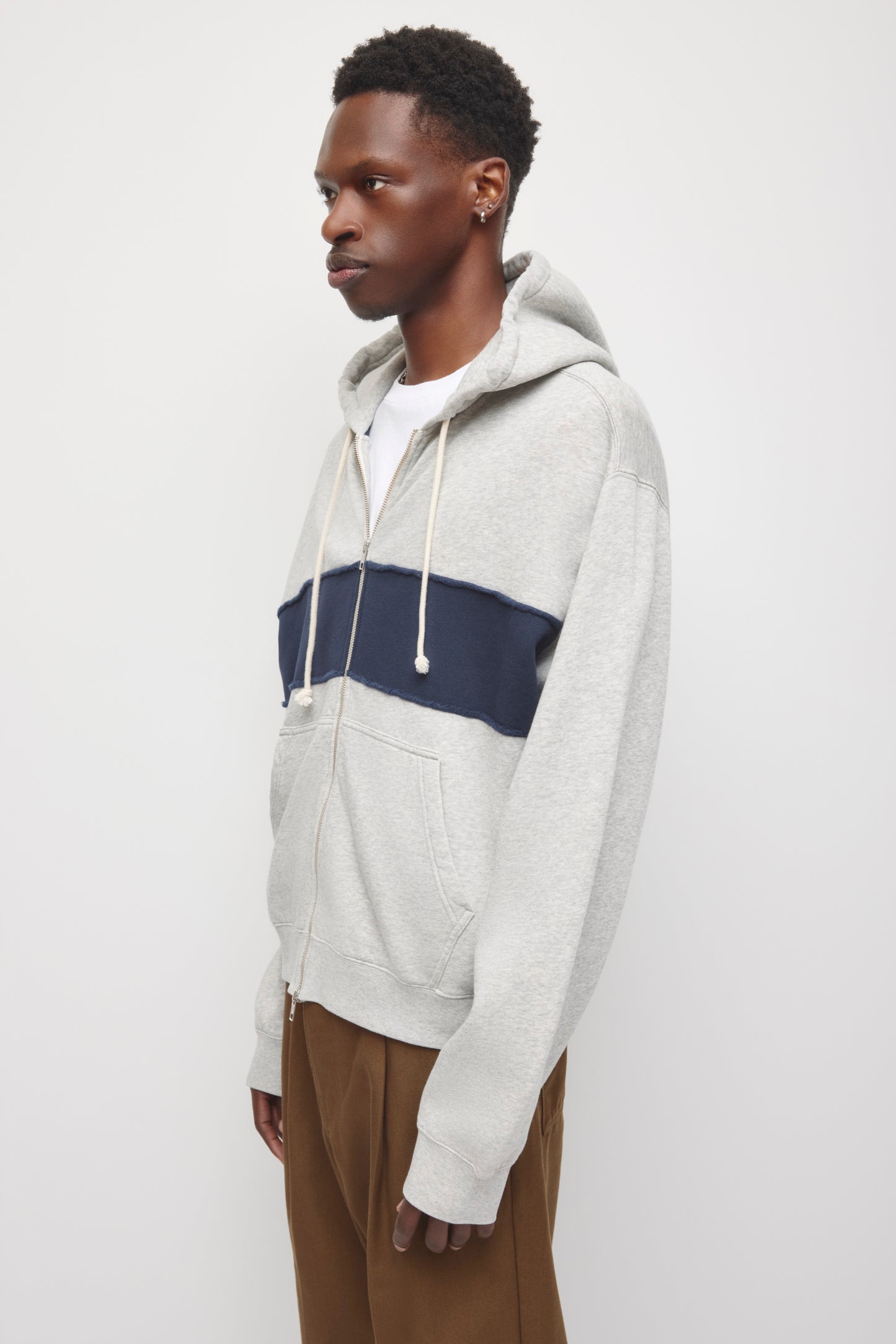 Men's Essential Short Full Zip Hoodie in Heather Grey/Navy