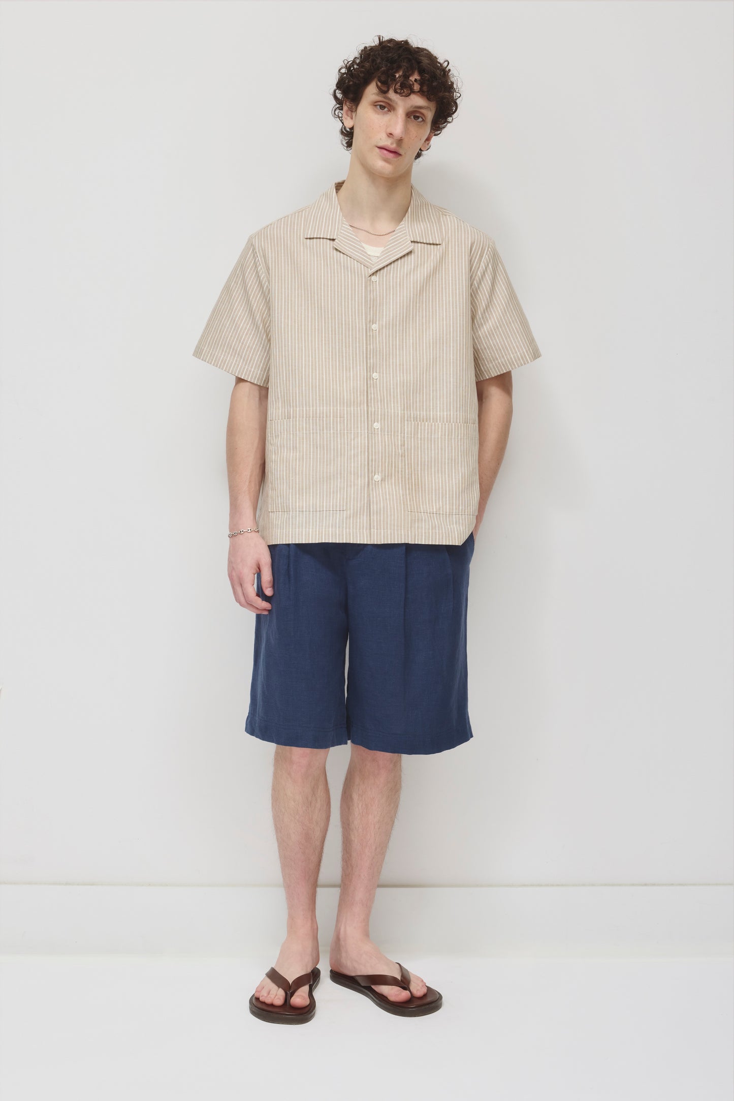Men's Linen Camp Shirt in Beige Stripe