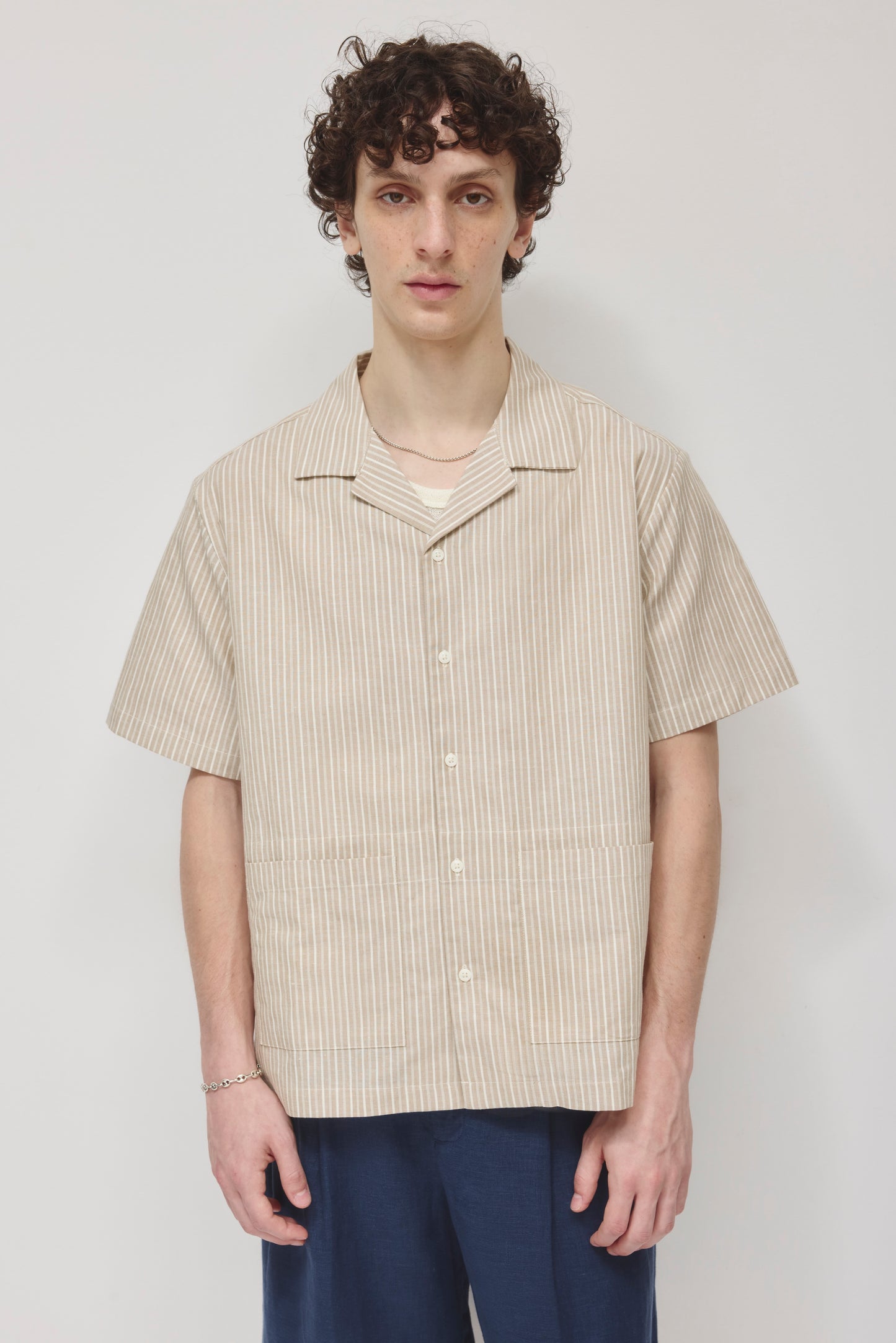 Men's Linen Camp Shirt in Beige Stripe