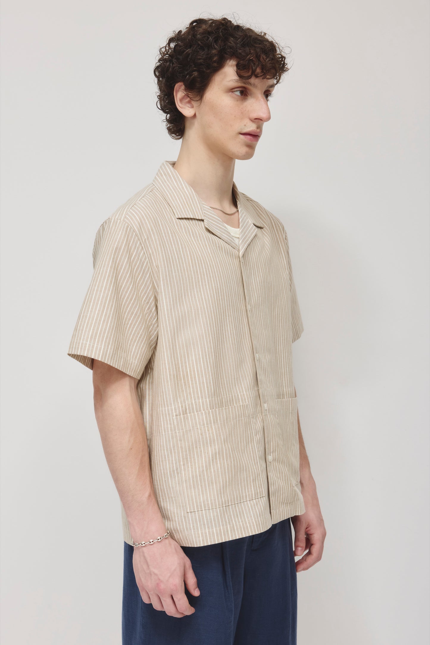 Men's Linen Camp Shirt in Beige Stripe