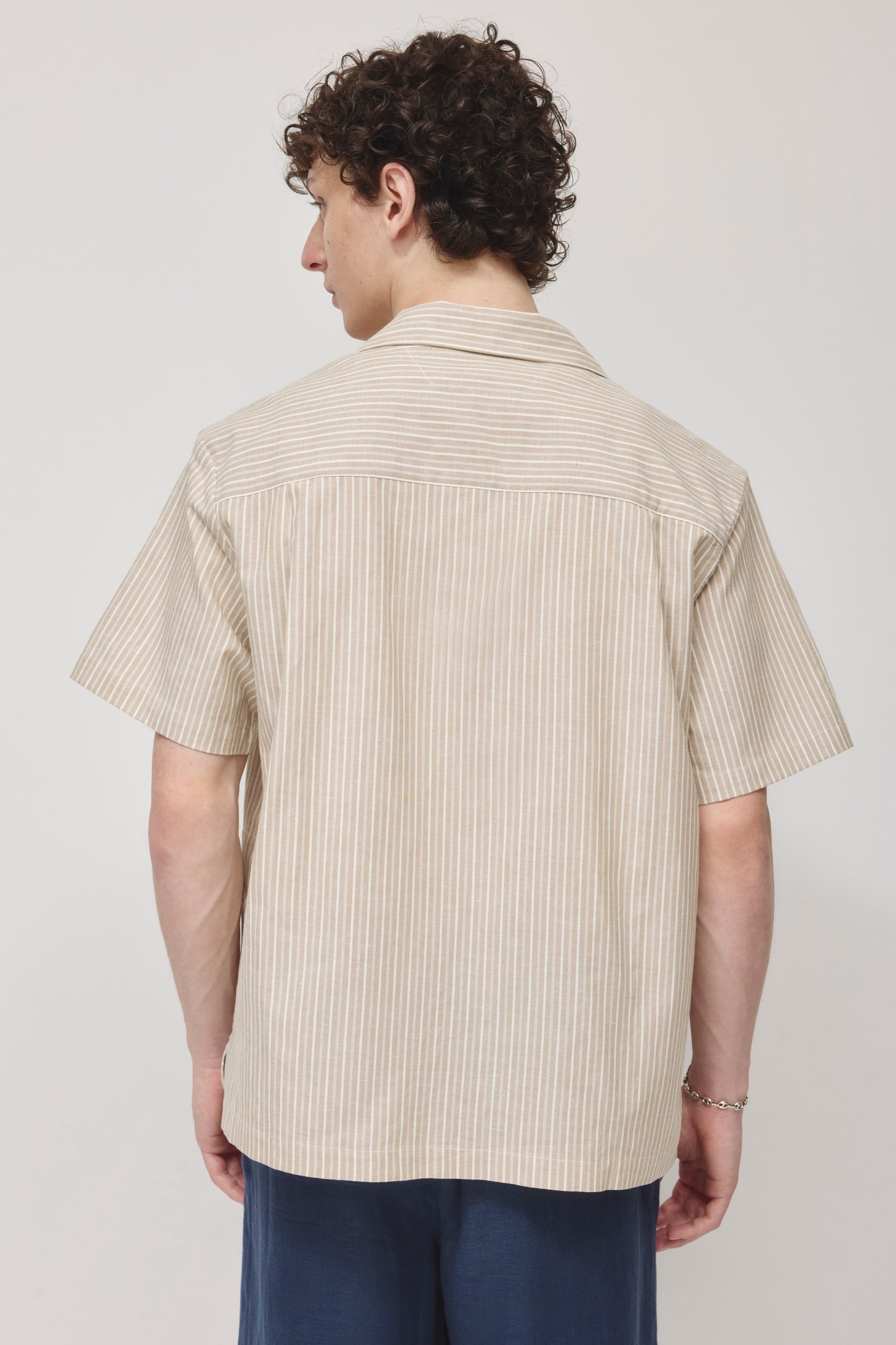 Men's Linen Camp Shirt in Beige Stripe