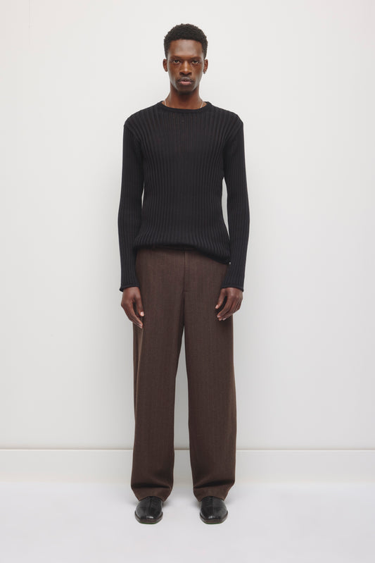 Men's Malik Wool Trouser in Dark Truffle Pinstripe
