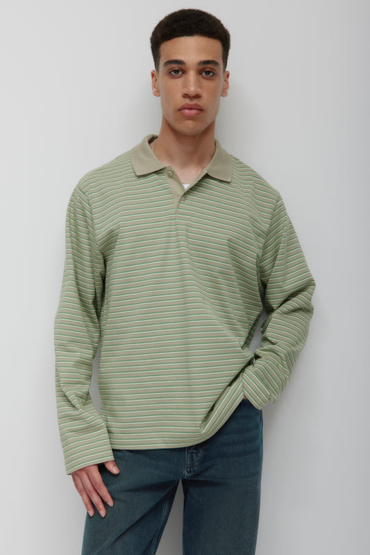 Men's Midweight Longsleeve Polo in Dune Grass/Retro Green/Natural Stripe
