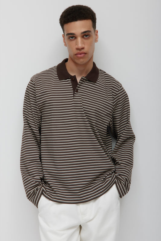 Men's Midweight Longsleeve Polo in Espresso/Marshmallow/Black Stripe