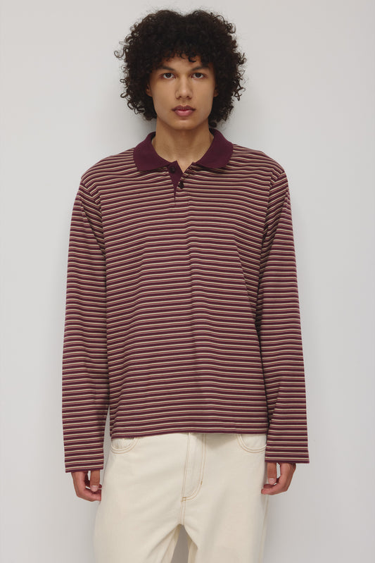Men's Midweight Longsleeve Polo in Plum/Dune Grass/Yakimo Stripe