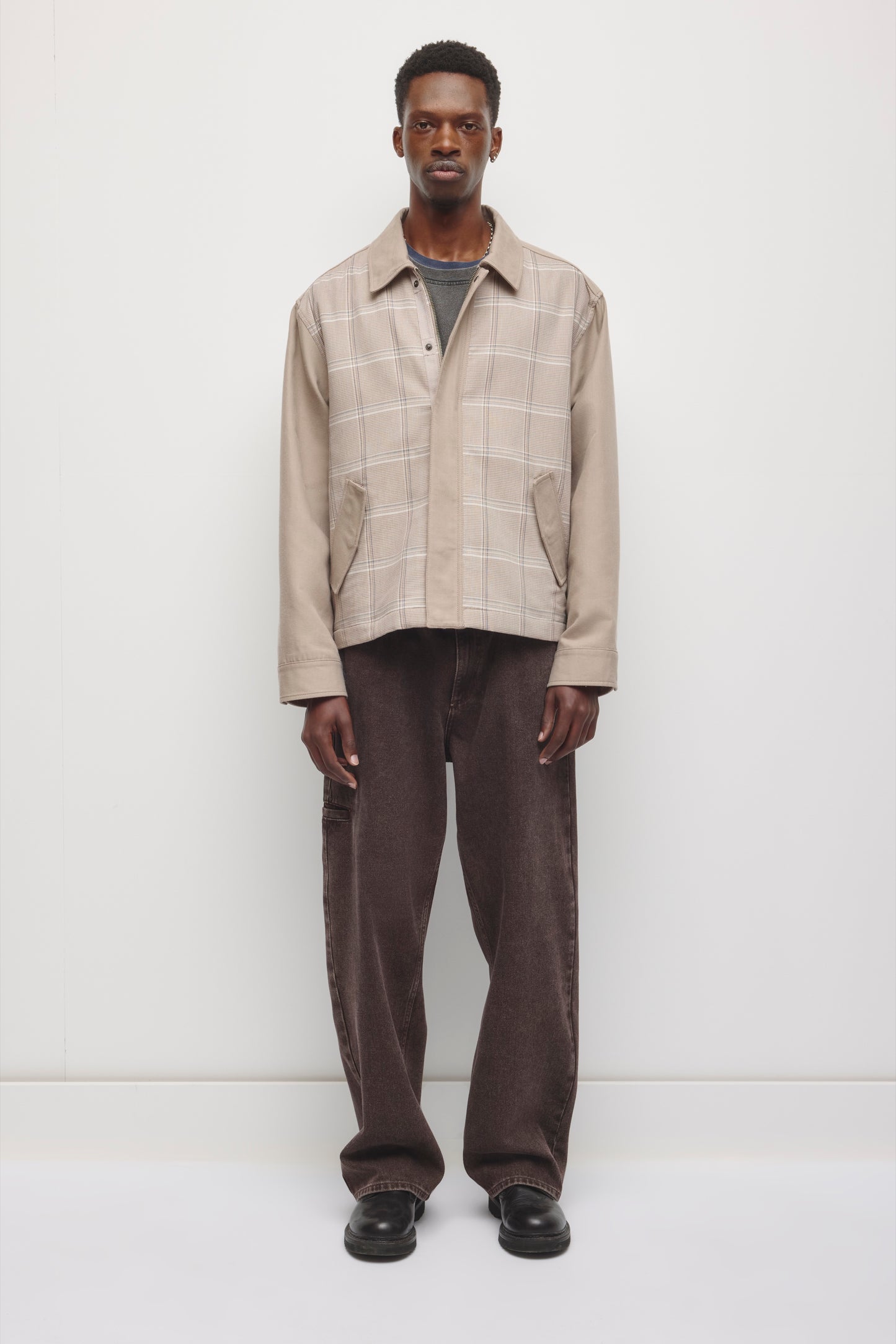 Men's Patchwork Varsity Jacket in Teak Plaid