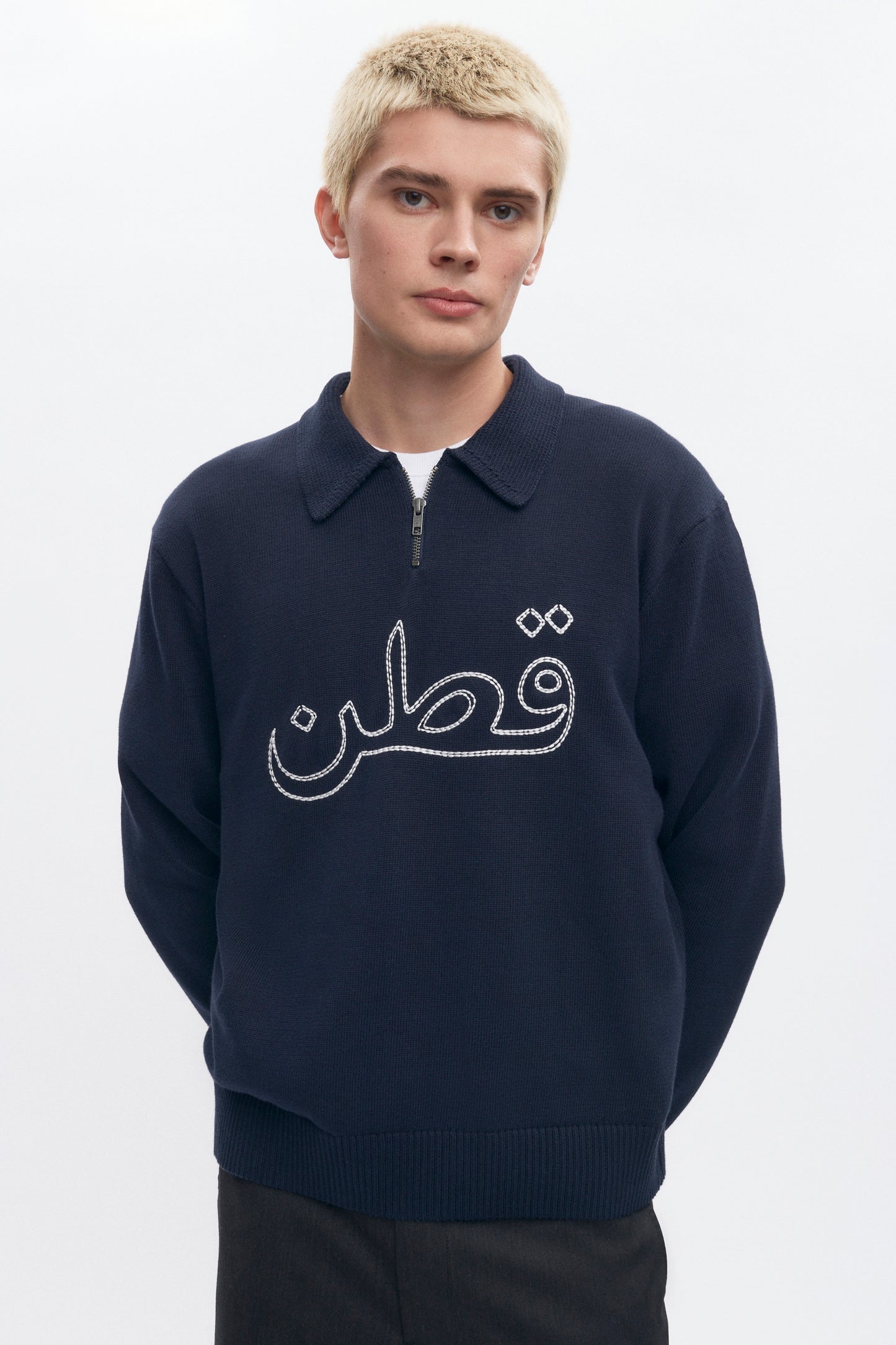 Men's Embroidered Quarter Zip Sweater in Navy