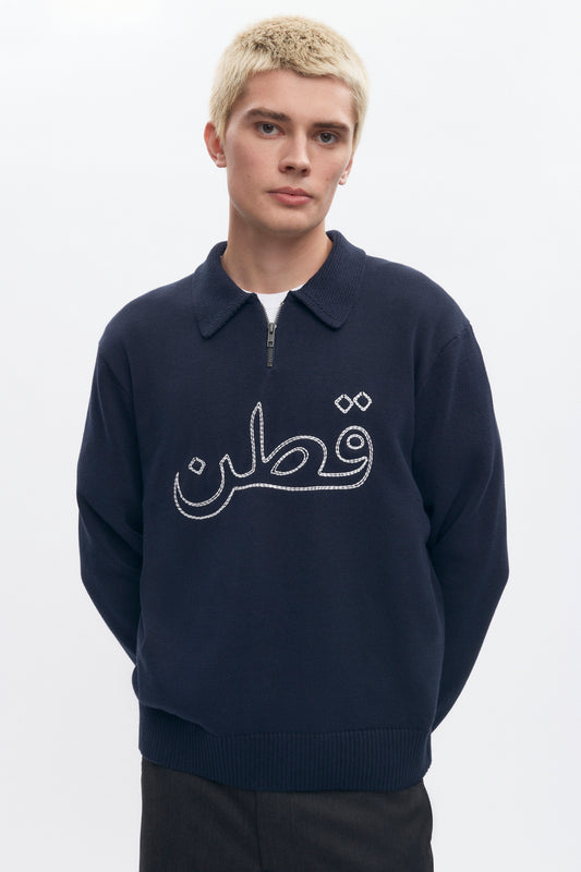 Men's Embroidered Quarter Zip Sweater in Navy