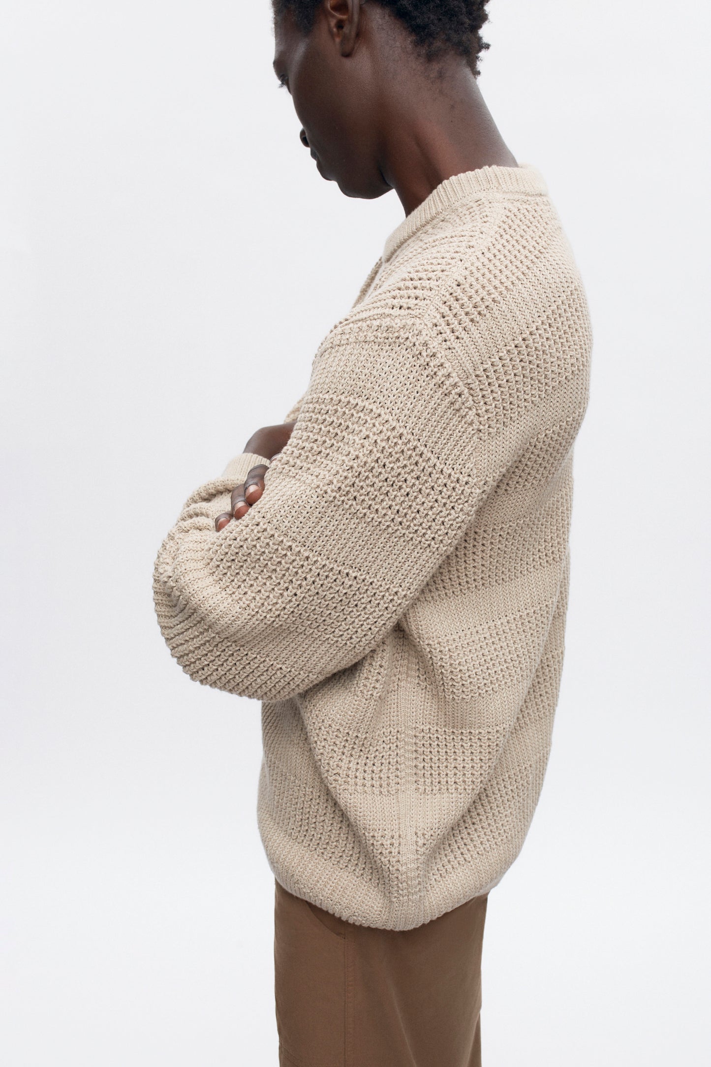 Men's Grid Stitch Crewneck Sweater in Oat Melange