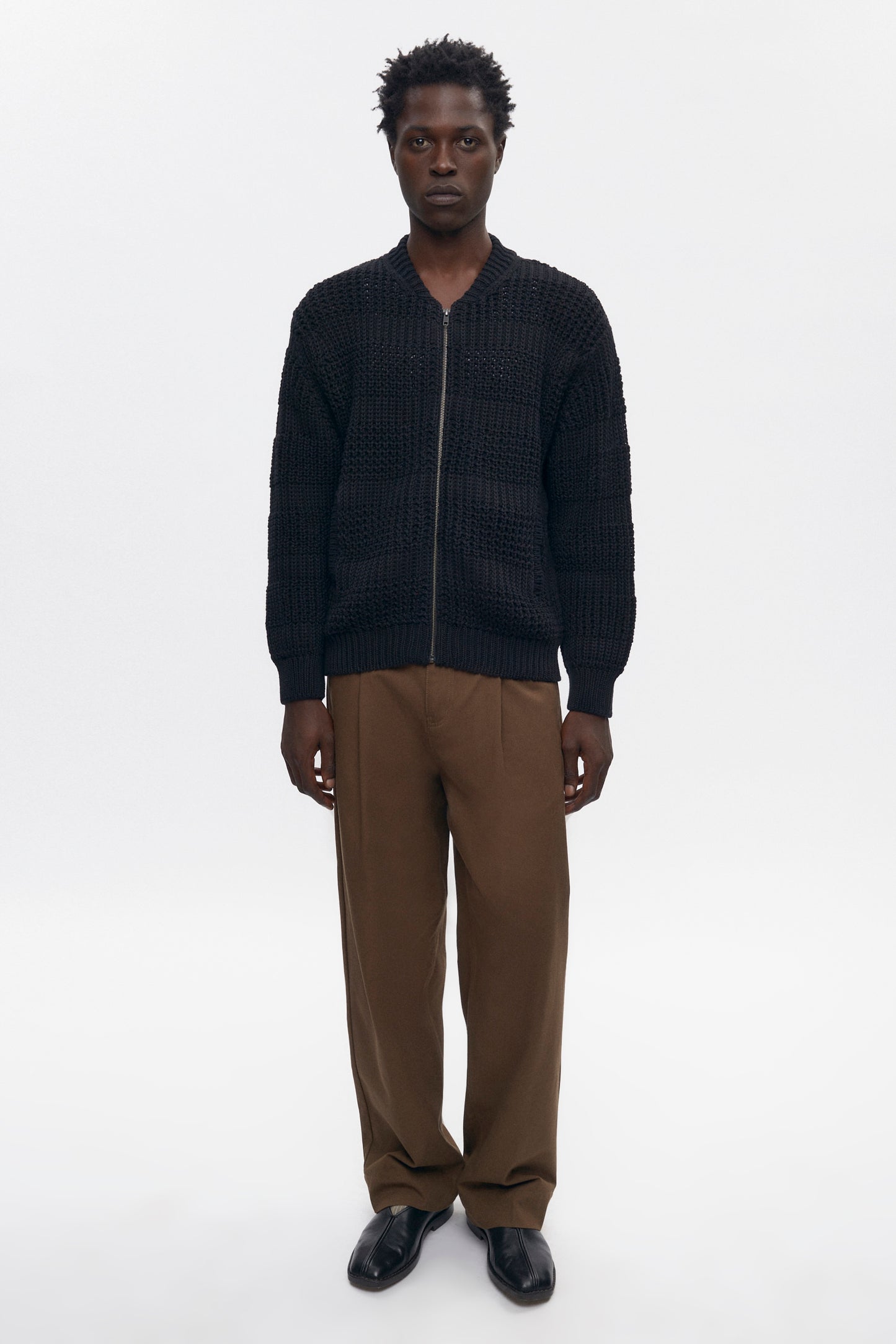 Men's Grid Stitch Zip Sweater in Black