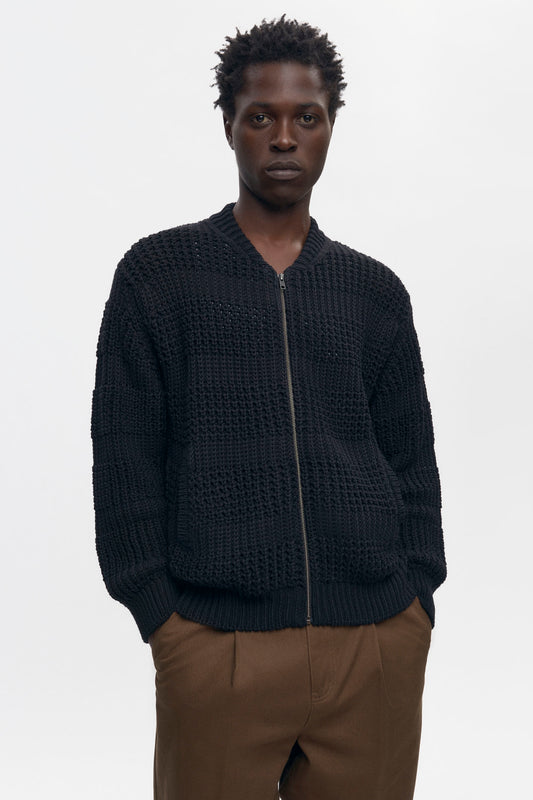 Men's Grid Stitch Zip Sweater in Black