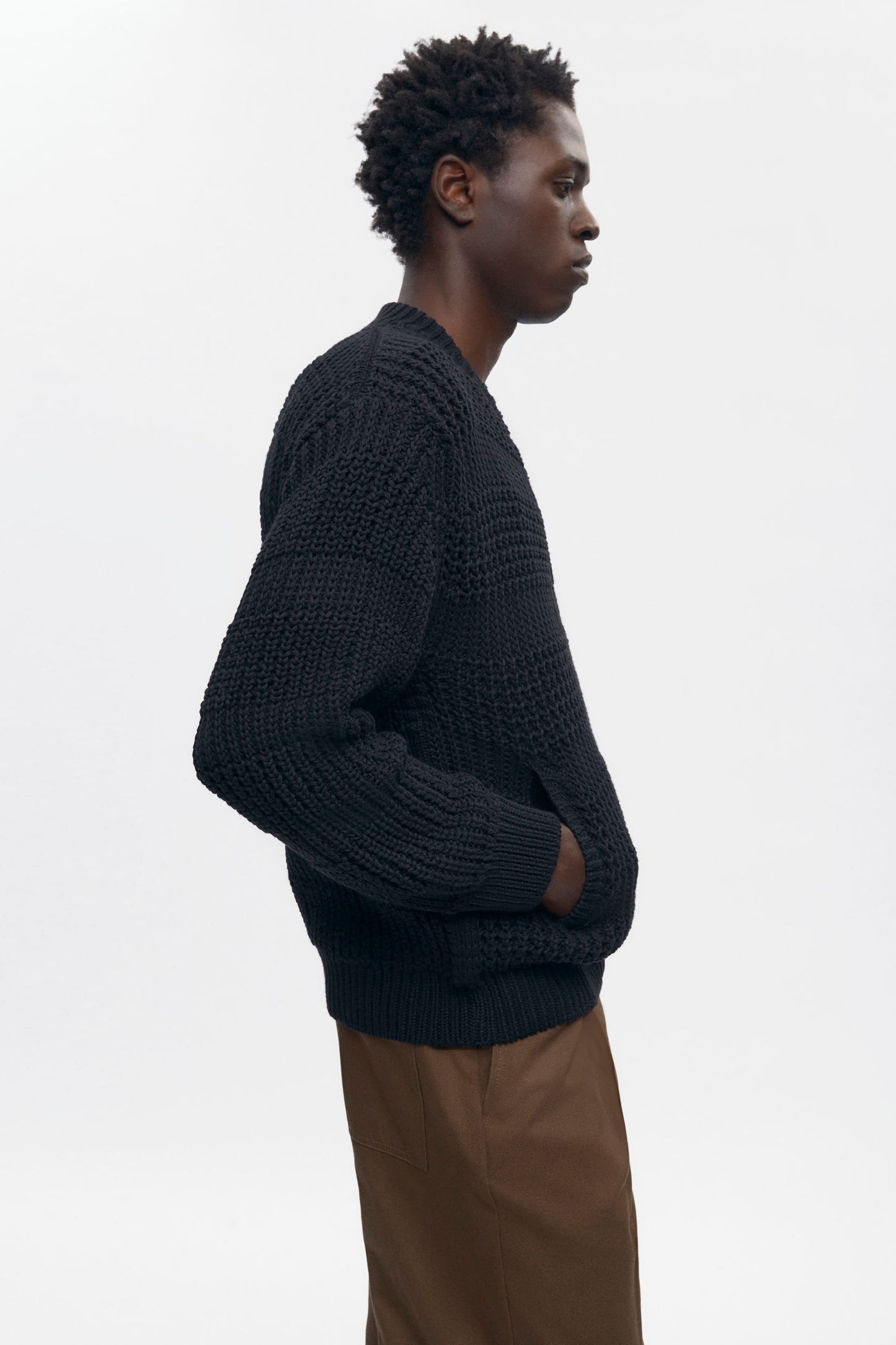 Men's Grid Stitch Zip Sweater in Black
