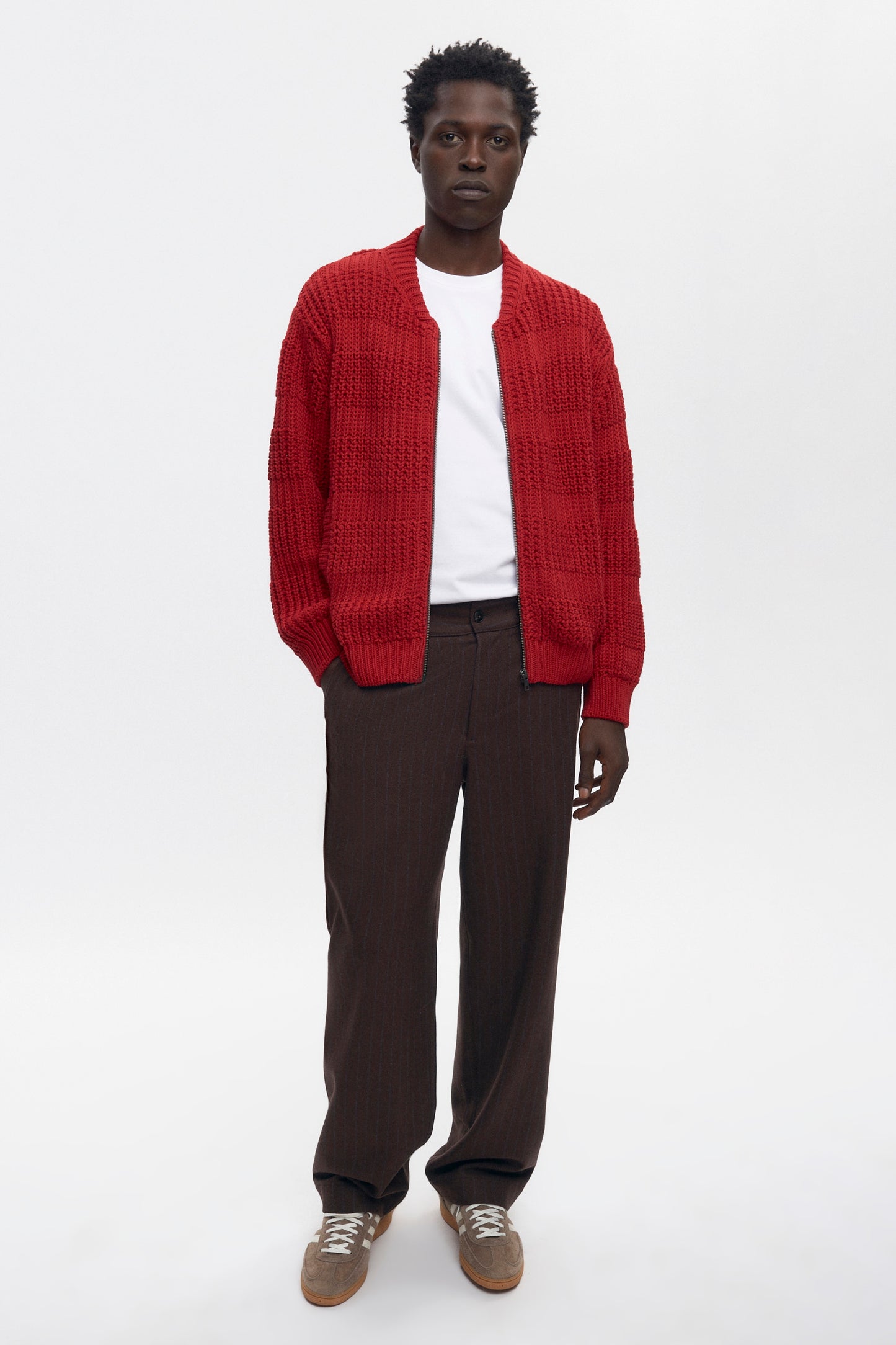Men's Grid Stitch Zip Sweater in Sunstar Red