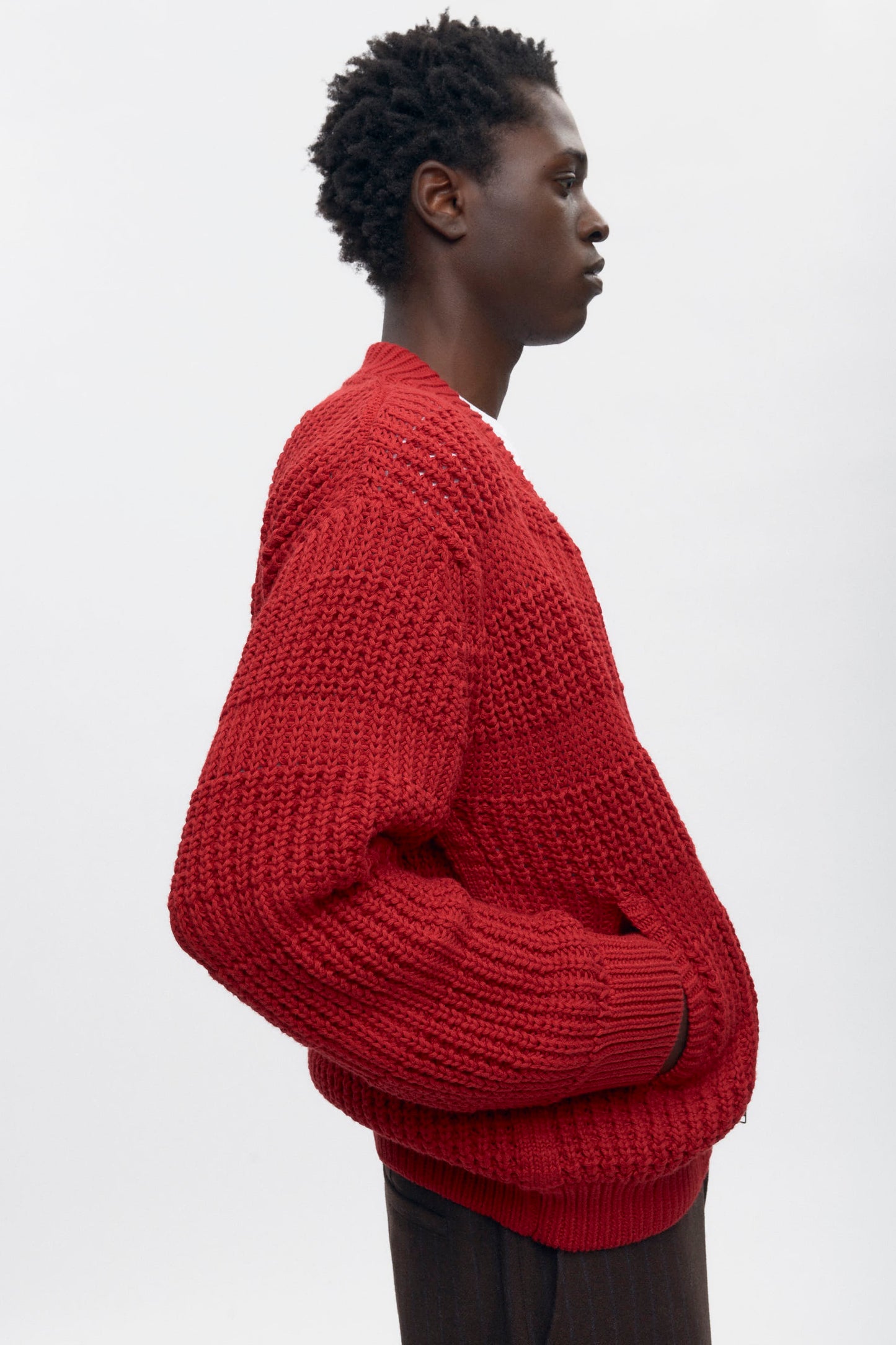 Men's Grid Stitch Zip Sweater in Sunstar Red