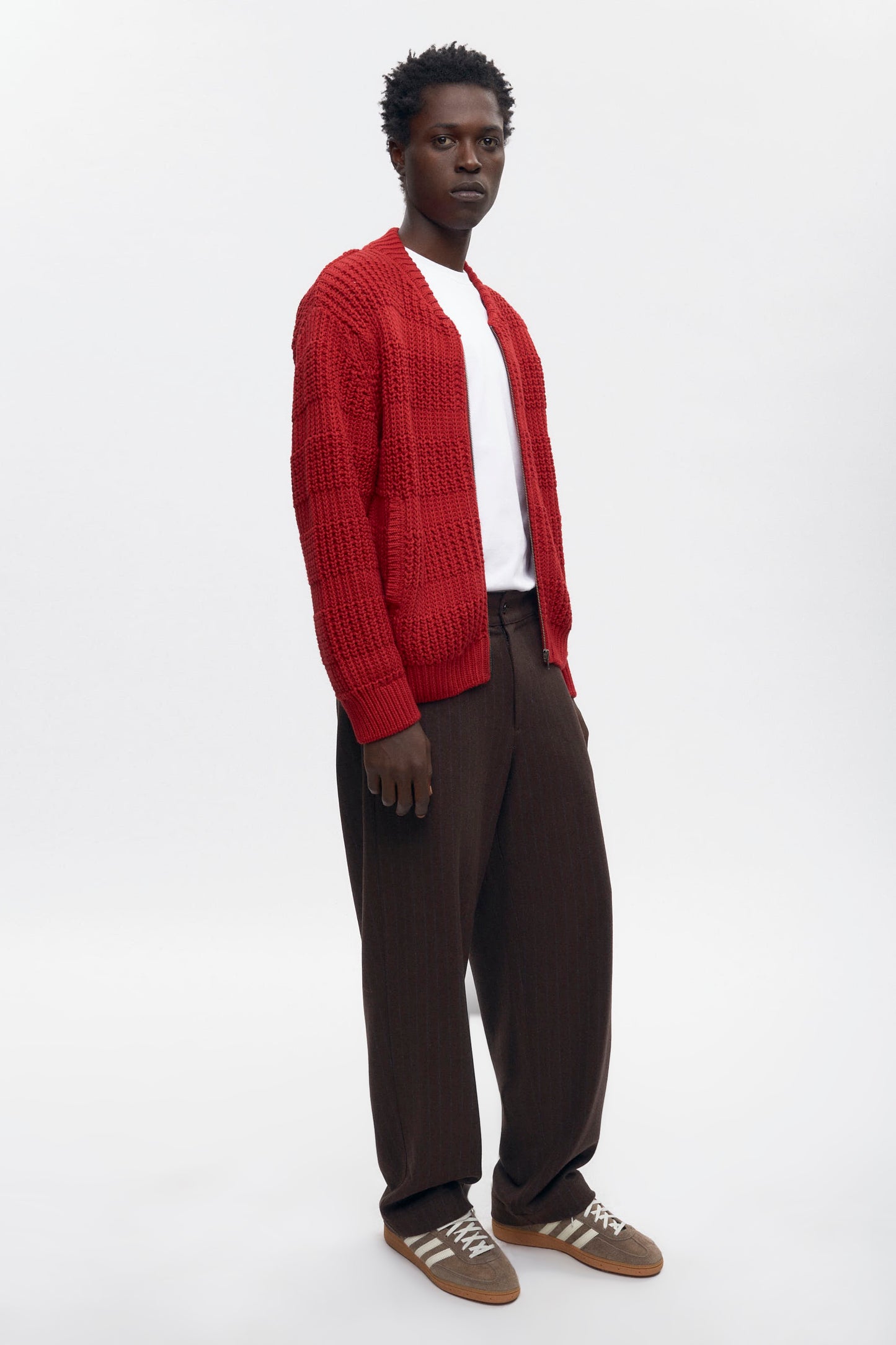 Men's Grid Stitch Zip Sweater in Sunstar Red