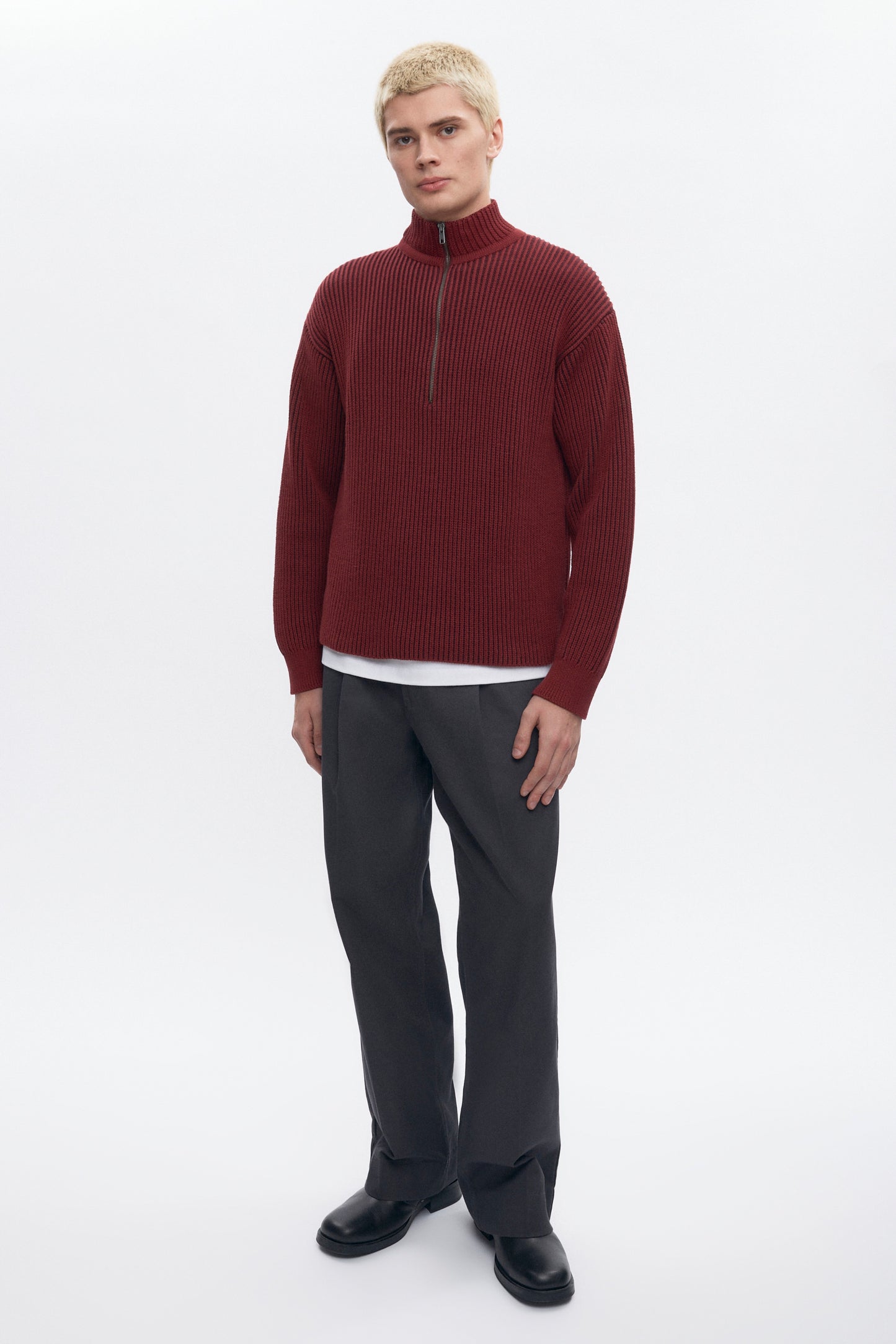Men's Half Zip Rib Sweater in Coffee Bean/Burgundy