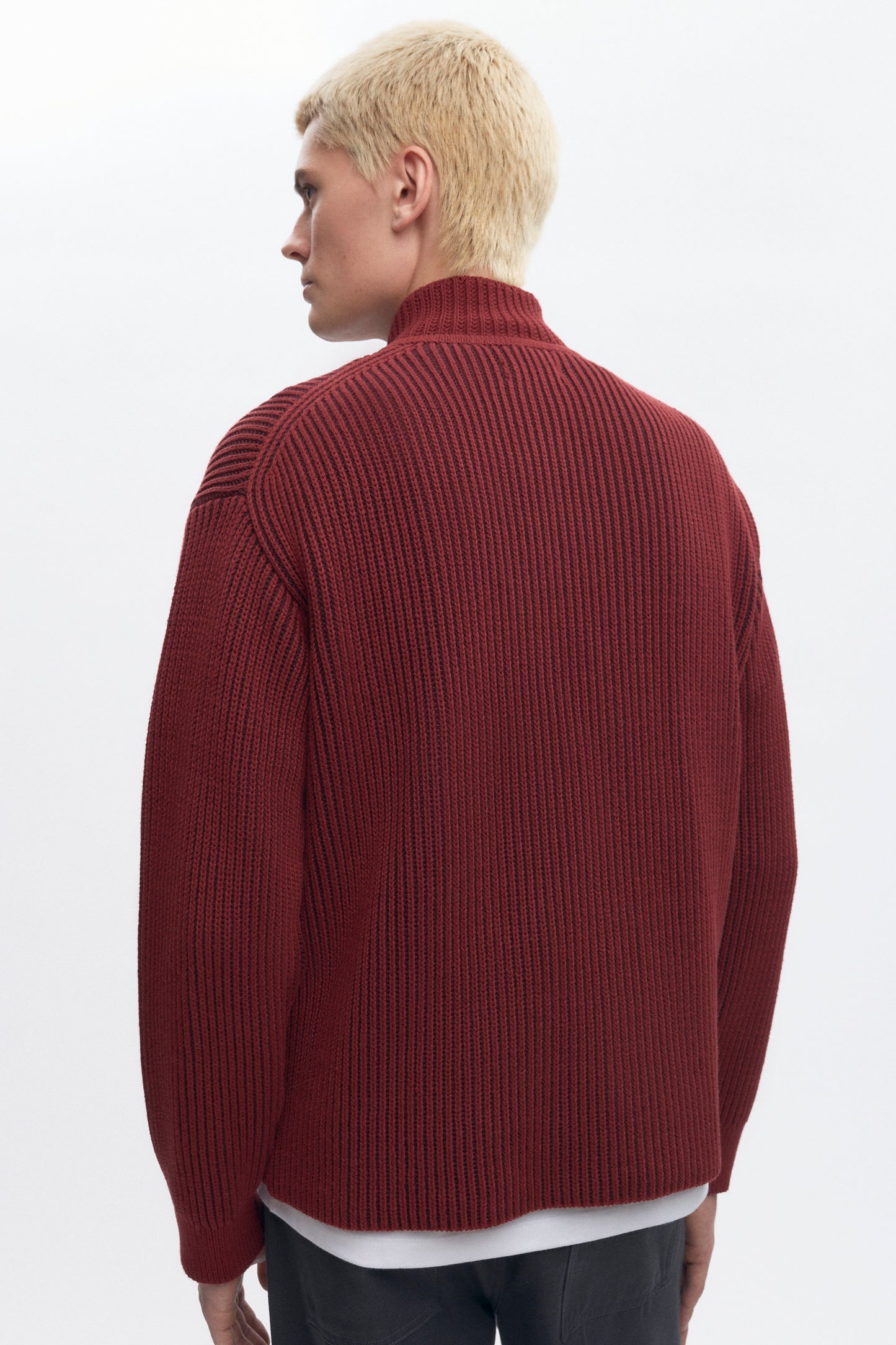 Men's Half Zip Rib Sweater in Coffee Bean/Burgundy