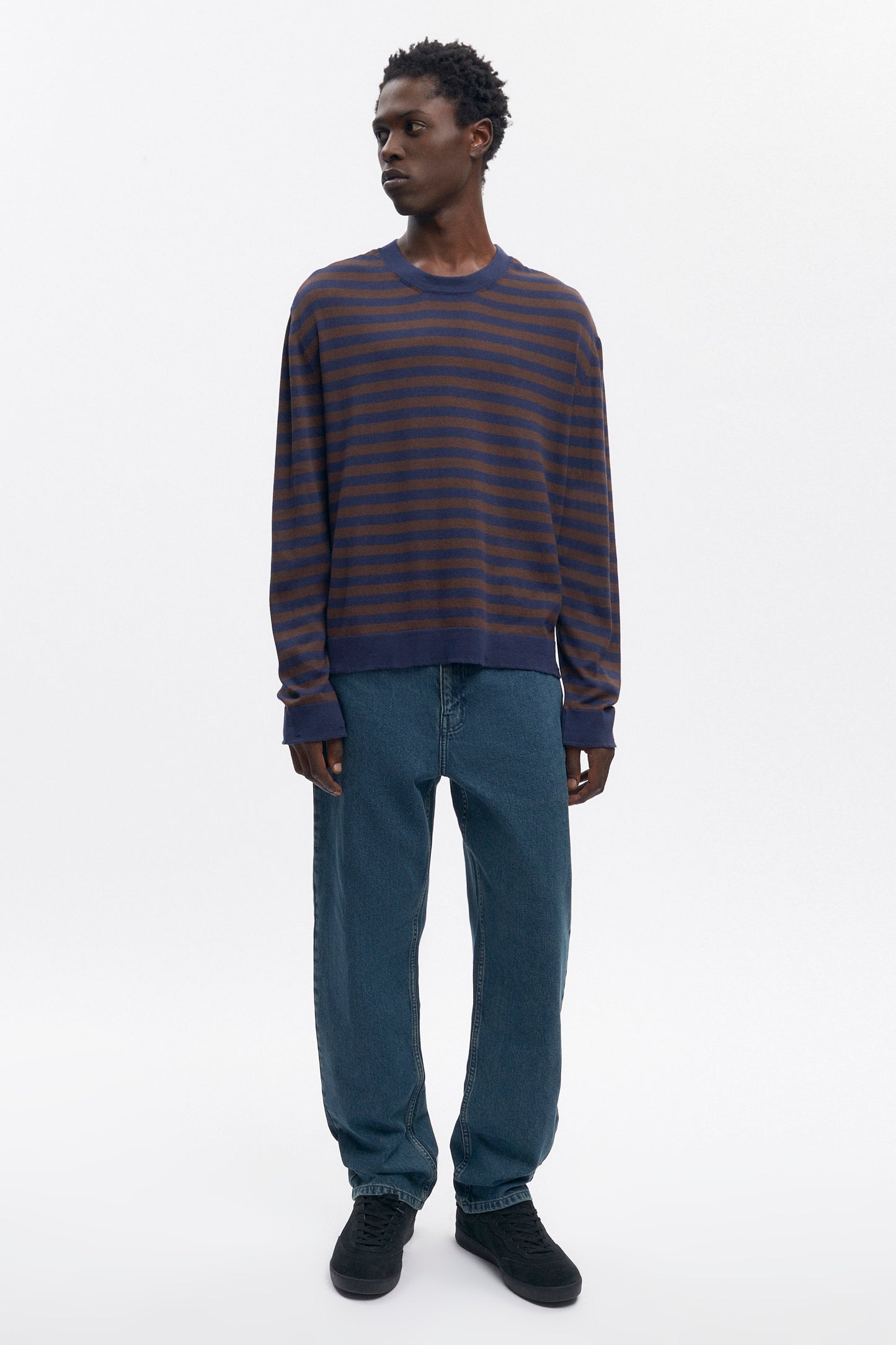 Men's Lightweight Crewneck Sweater in Coffee Bean/Midnight Stripe