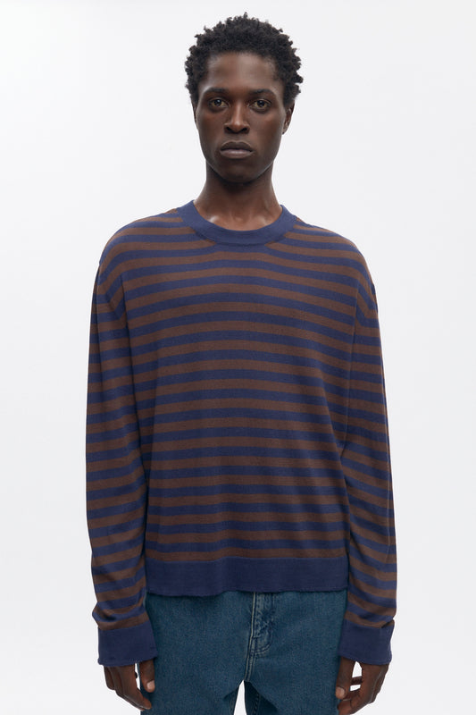 Men's Lightweight Crewneck Sweater in Coffee Bean/Midnight Stripe