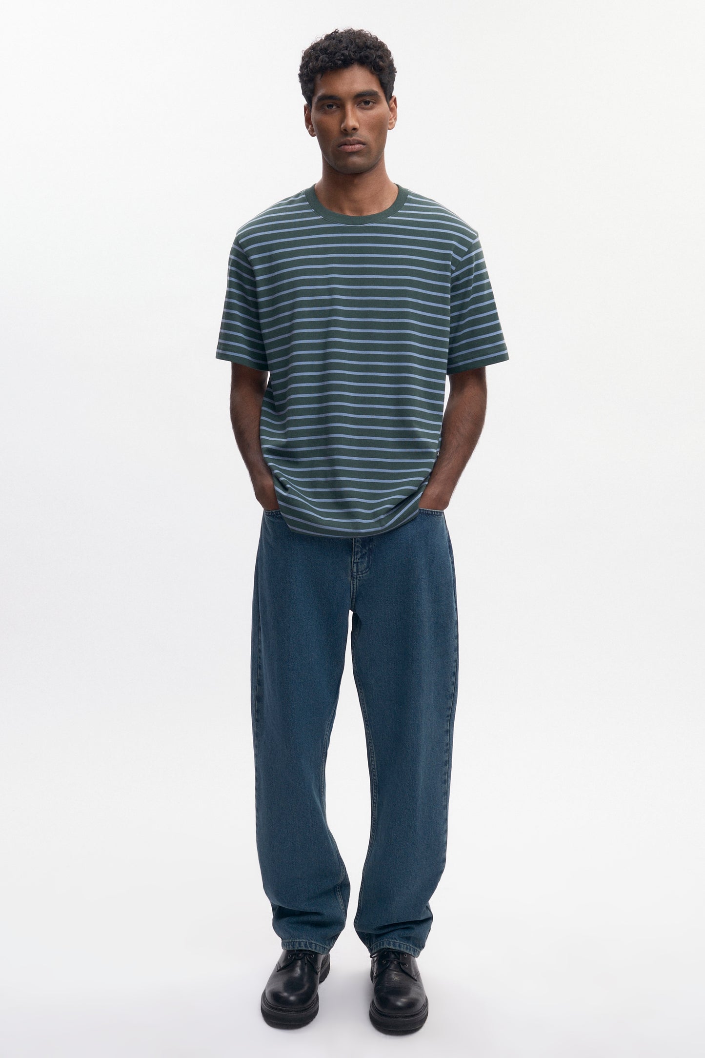 Men's Midweight Crew in Bottle Green/Columbia Stripe